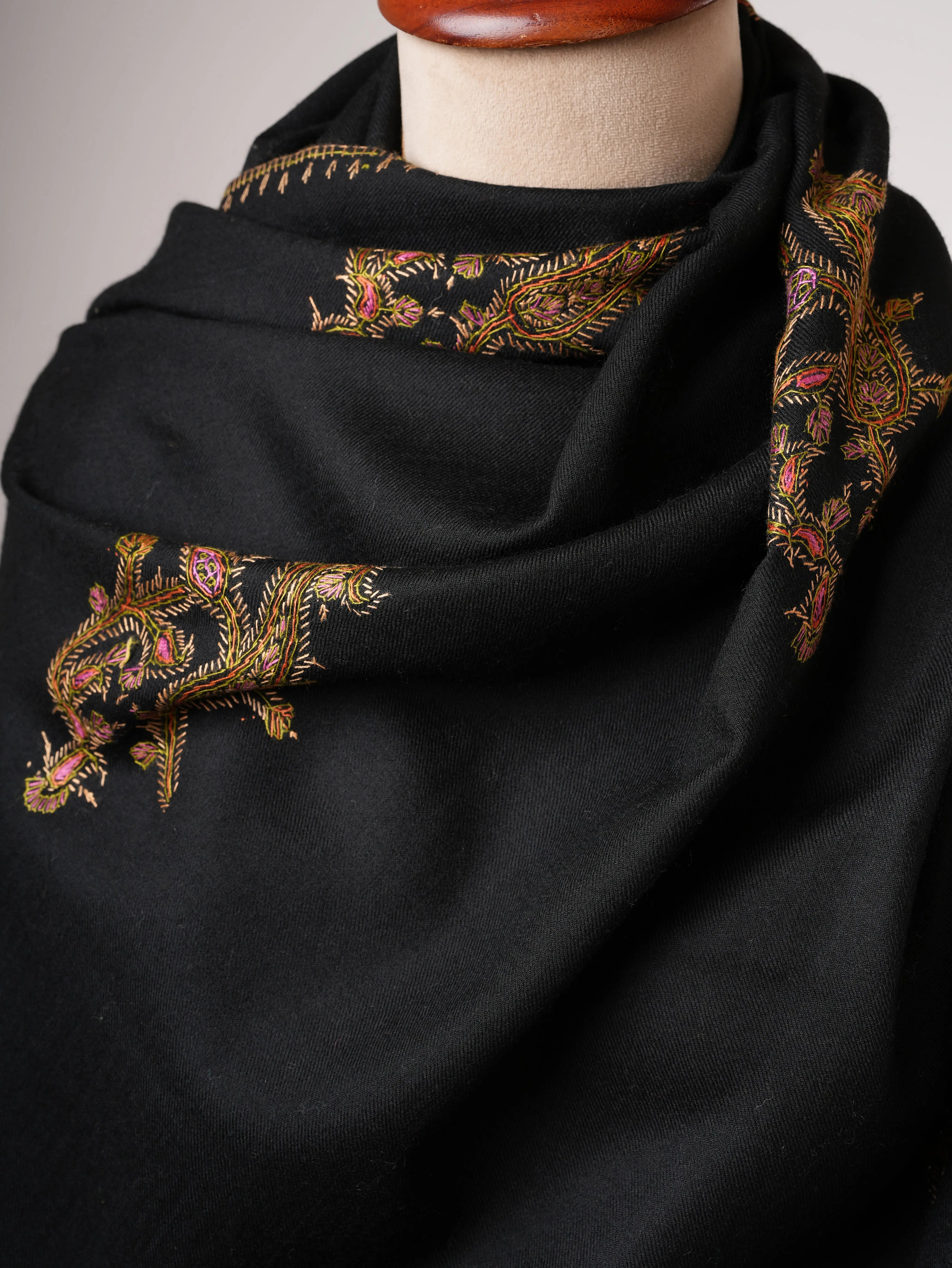 Fine Wool Shawl in Black with Traditional Hand Embroidery Shahkaar