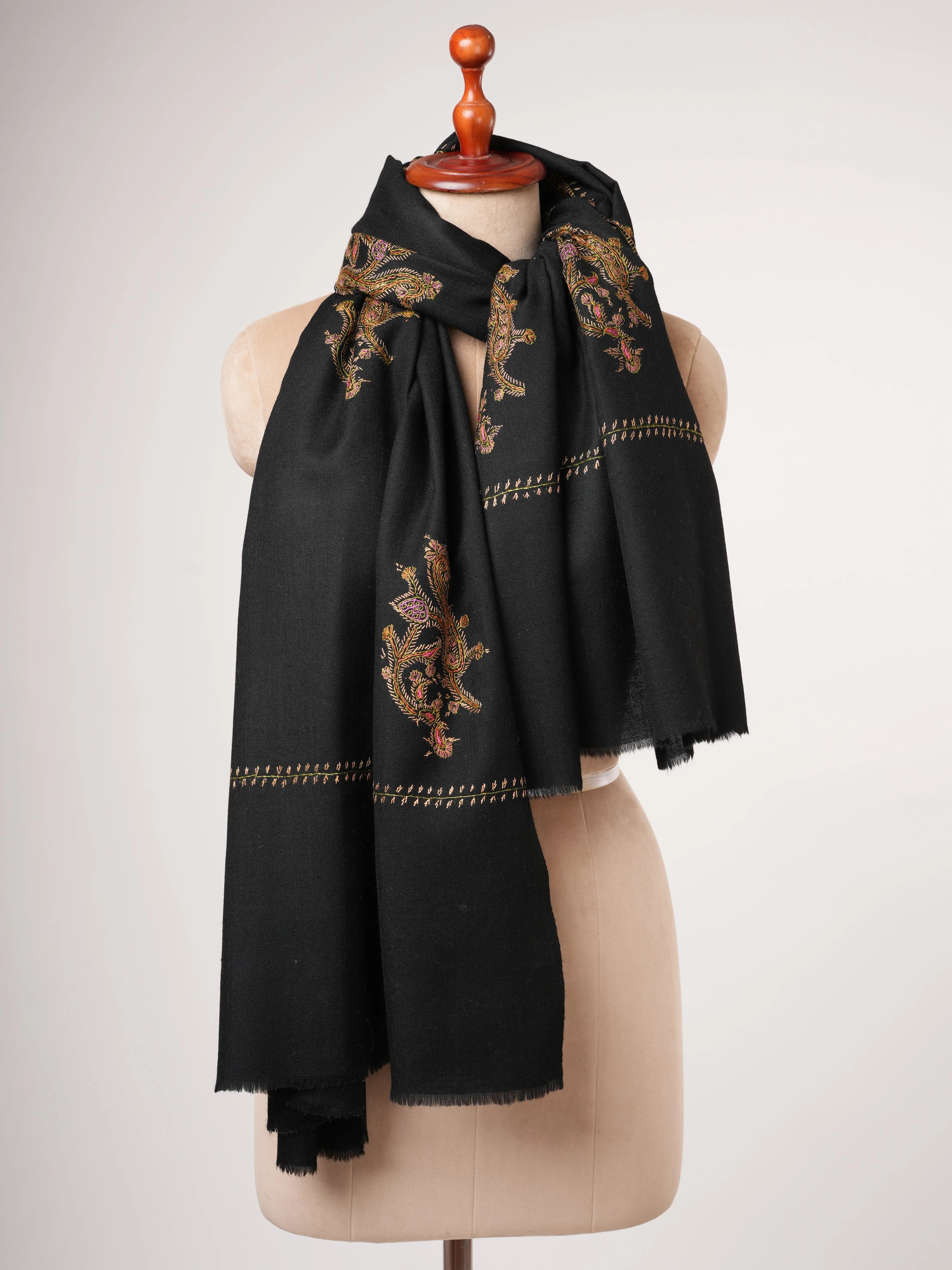 Fine Wool Shawl in Black with Traditional Hand Embroidery Shahkaar