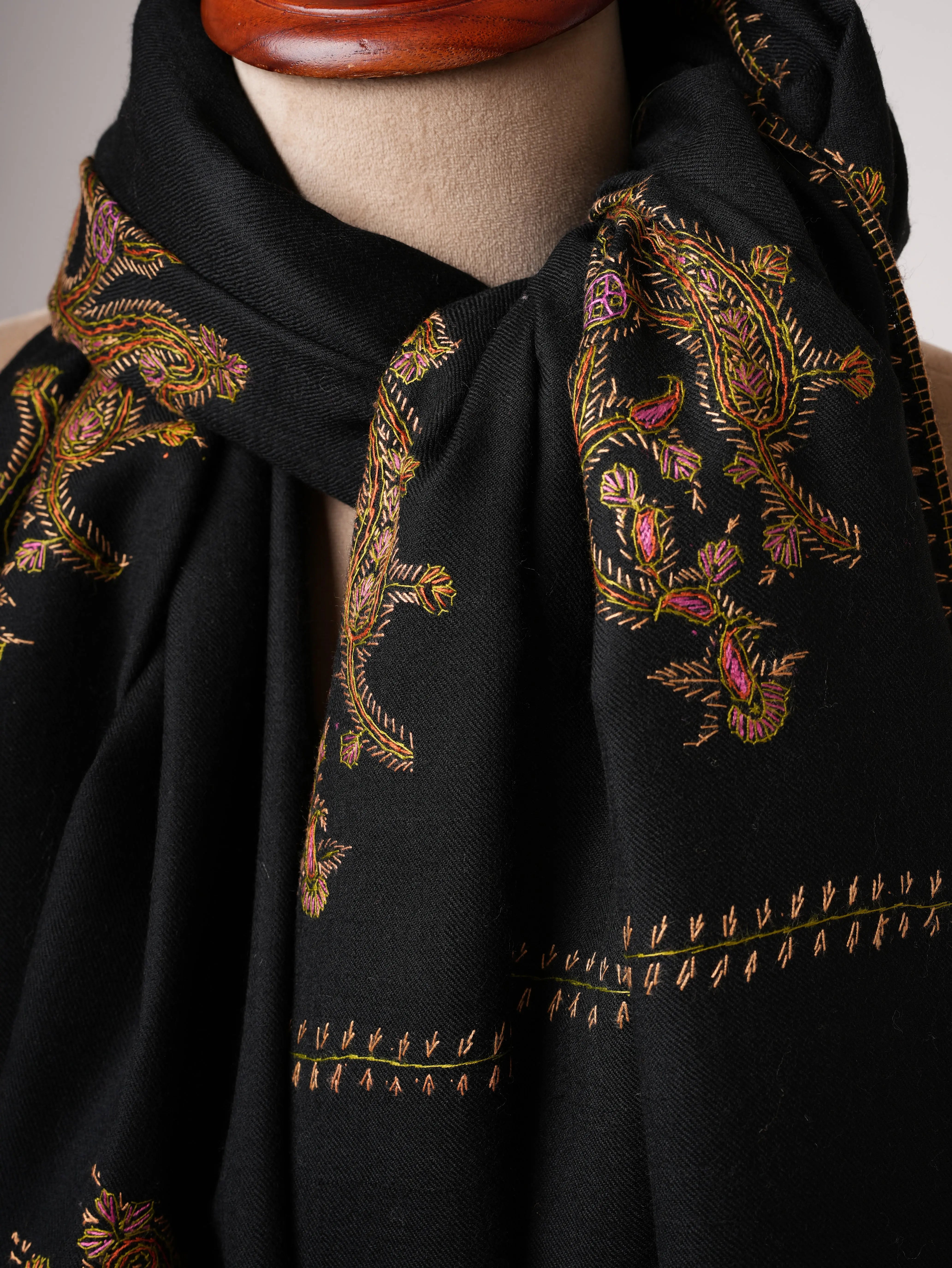 Fine Wool Shawl in Black with Traditional Hand Embroidery Shahkaar