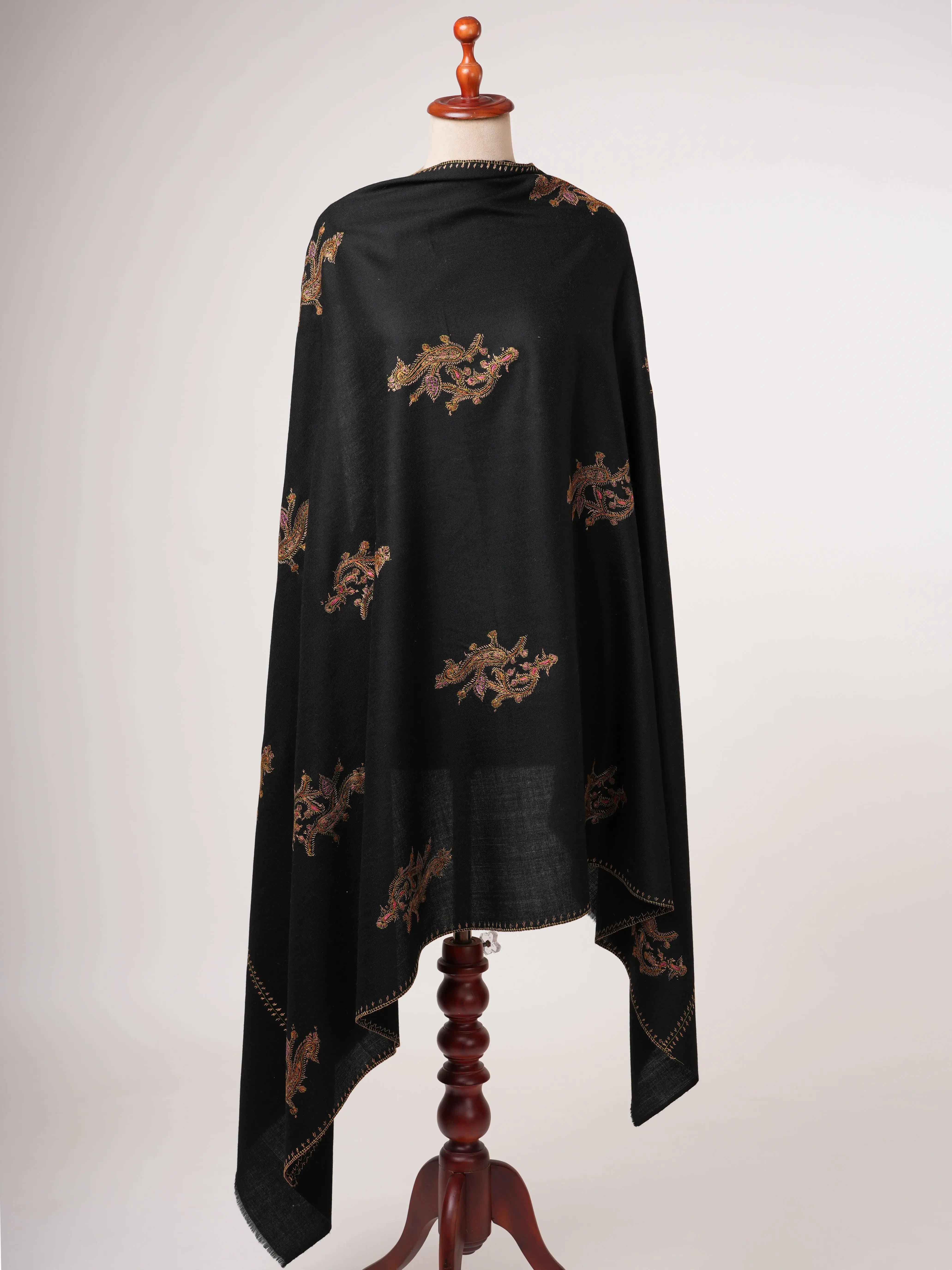 Fine Wool Shawl in Black with Traditional Hand Embroidery Shahkaar