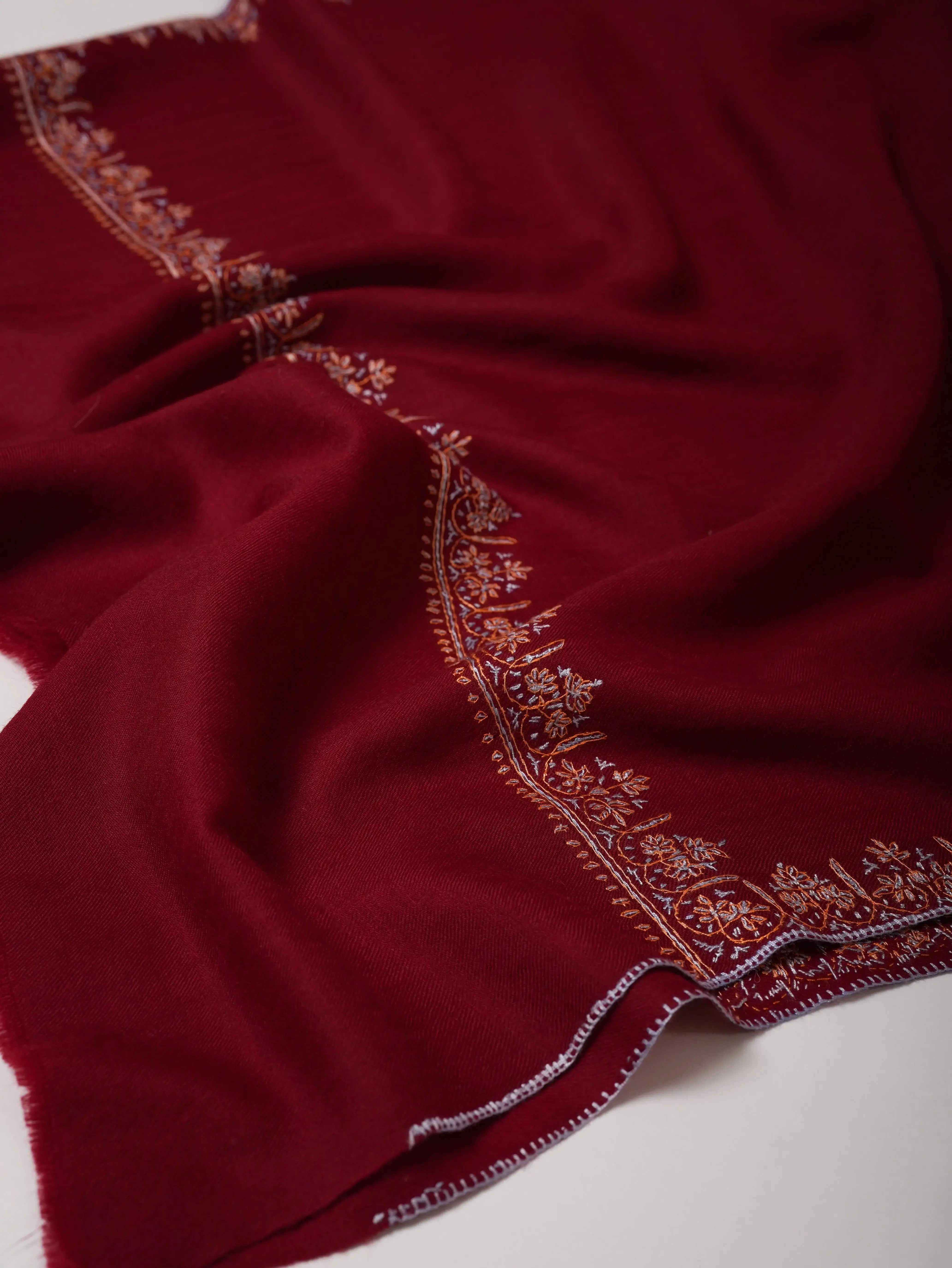 Fine Wool Shawl in Maroon with Hashia Hand Embroidery Shahkaar