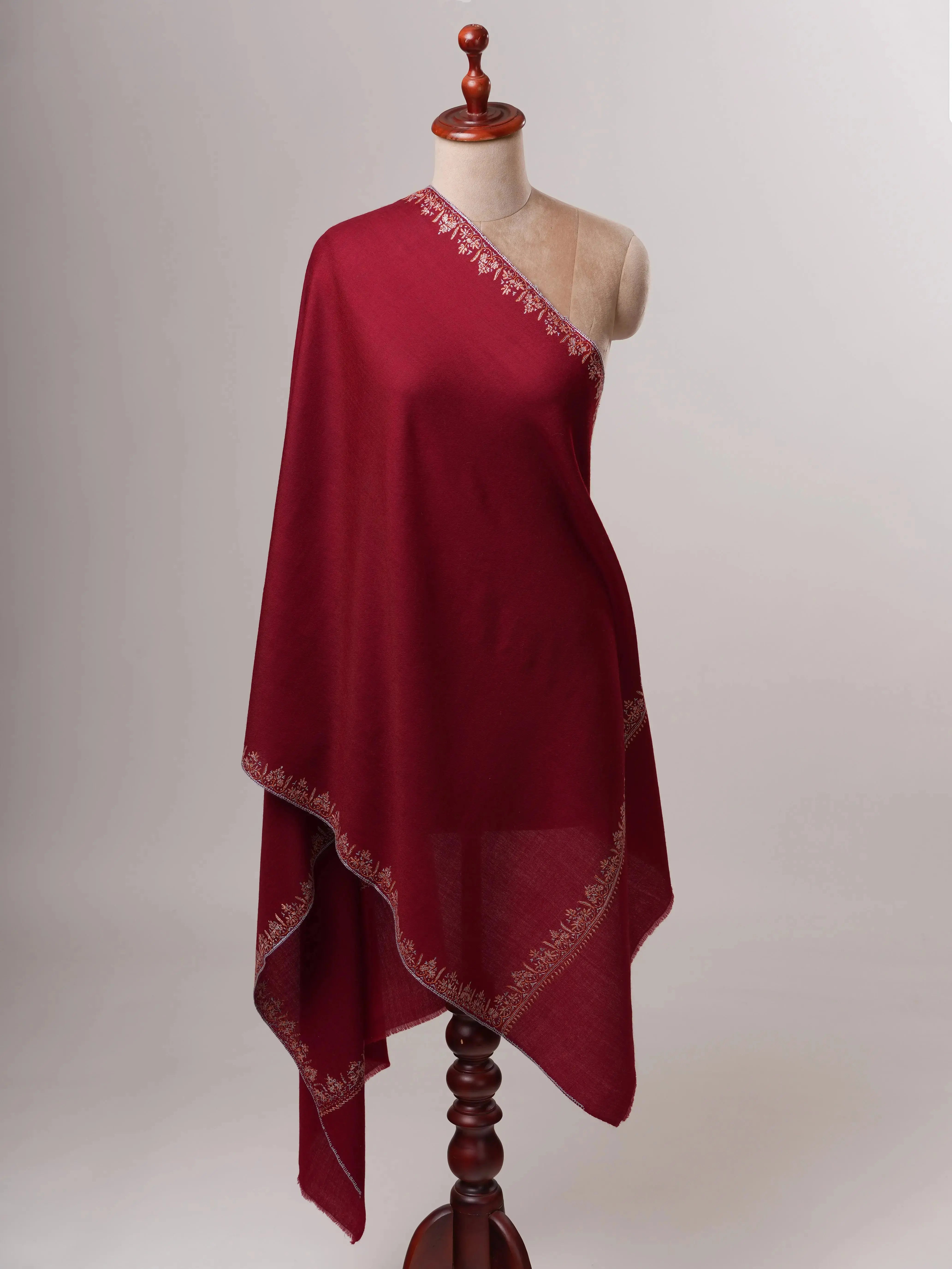 Fine Wool Shawl in Maroon with Hashia Hand Embroidery Shahkaar