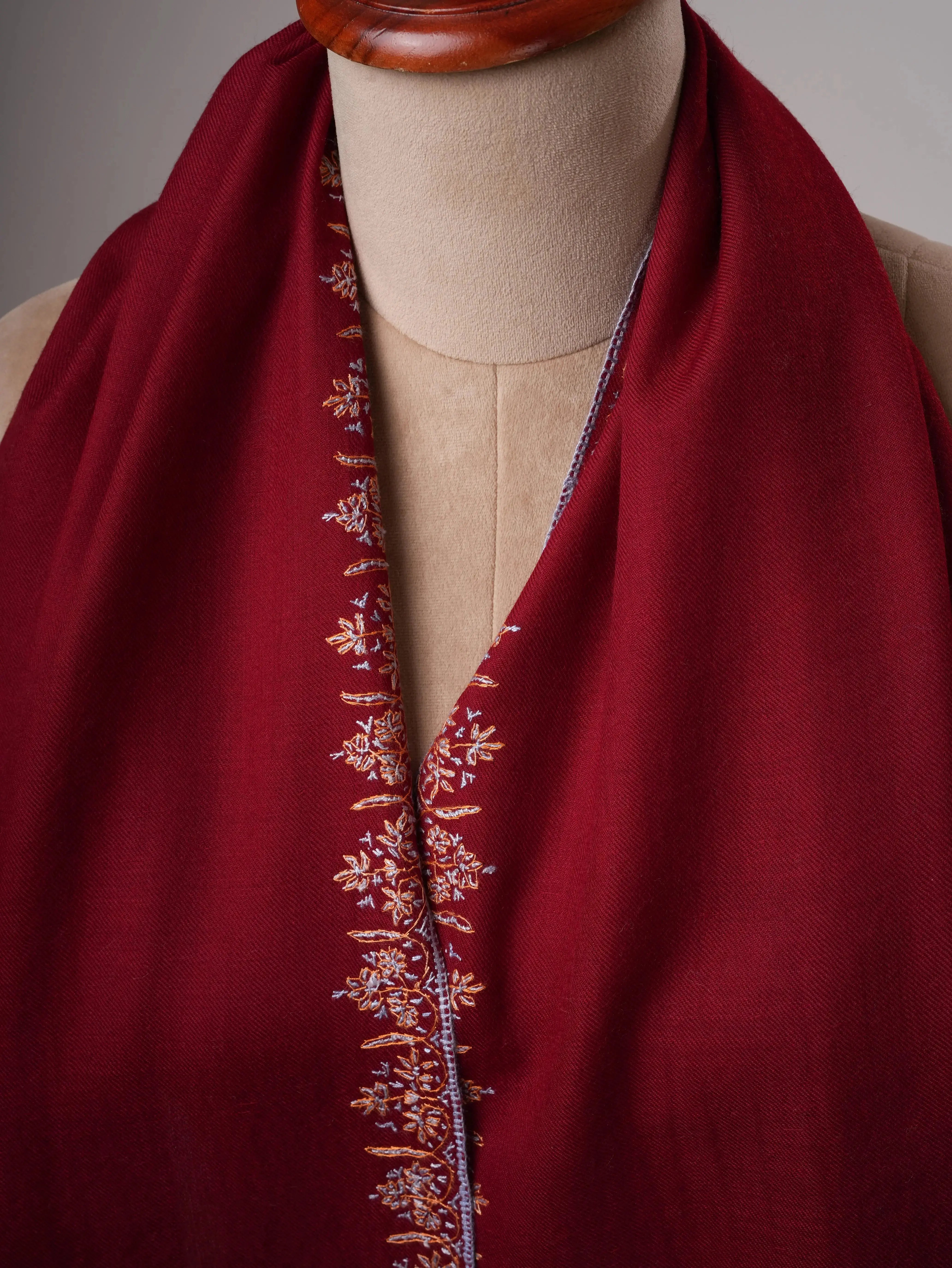 Fine Wool Shawl in Maroon with Hashia Hand Embroidery Shahkaar