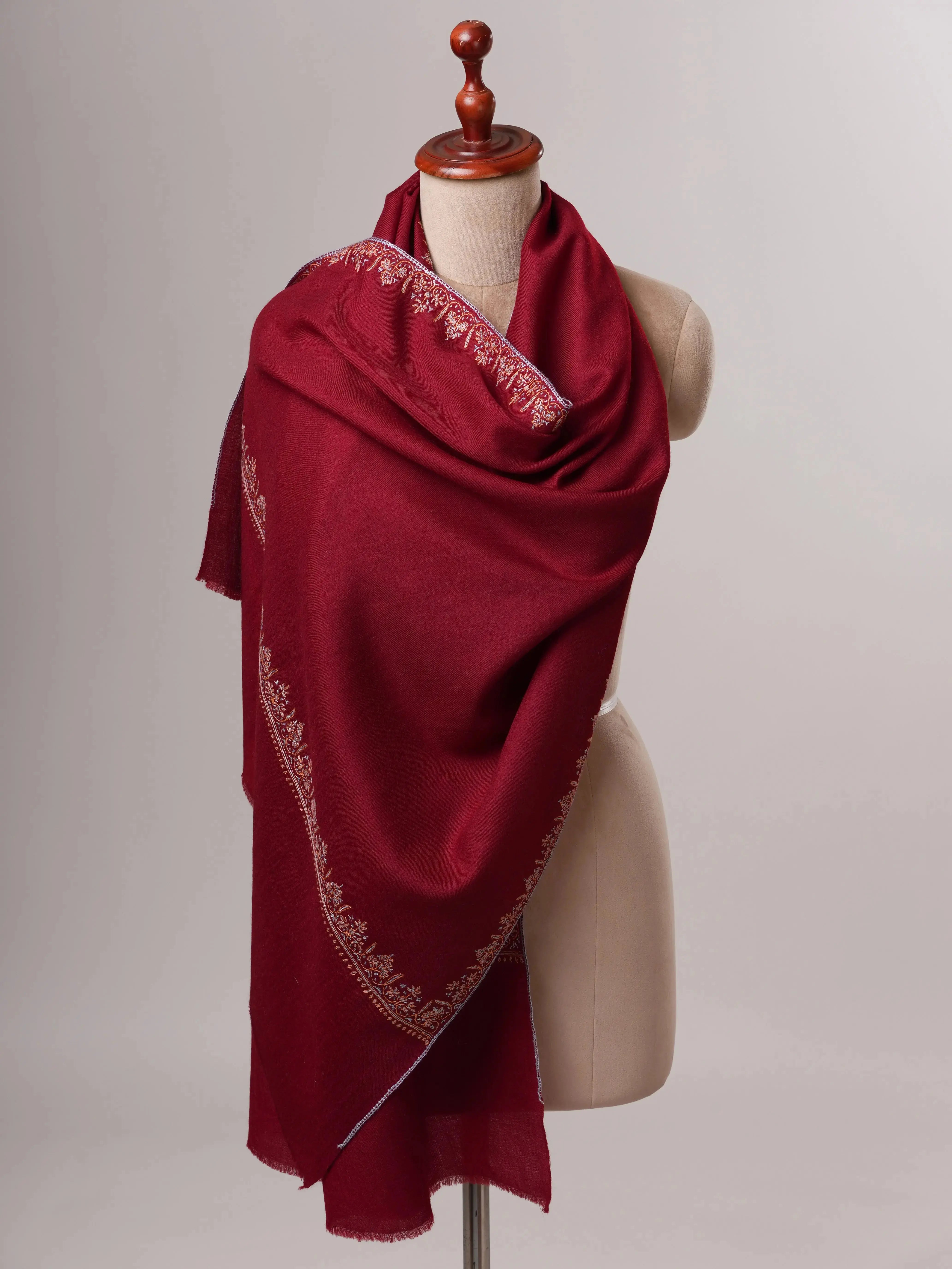 Fine Wool Shawl in Maroon with Hashia Hand Embroidery Shahkaar
