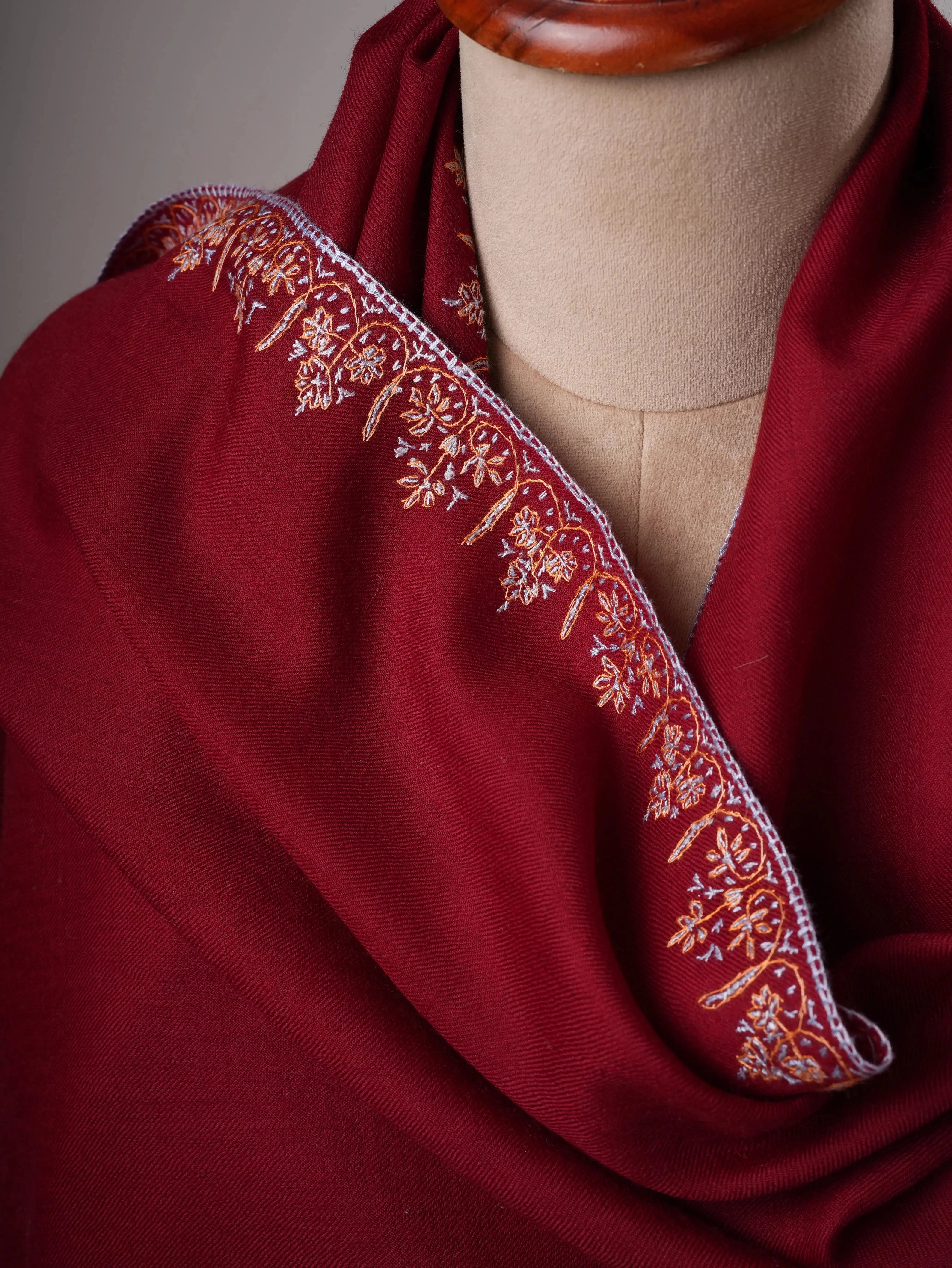 Fine Wool Shawl in Maroon with Hashia Hand Embroidery Shahkaar