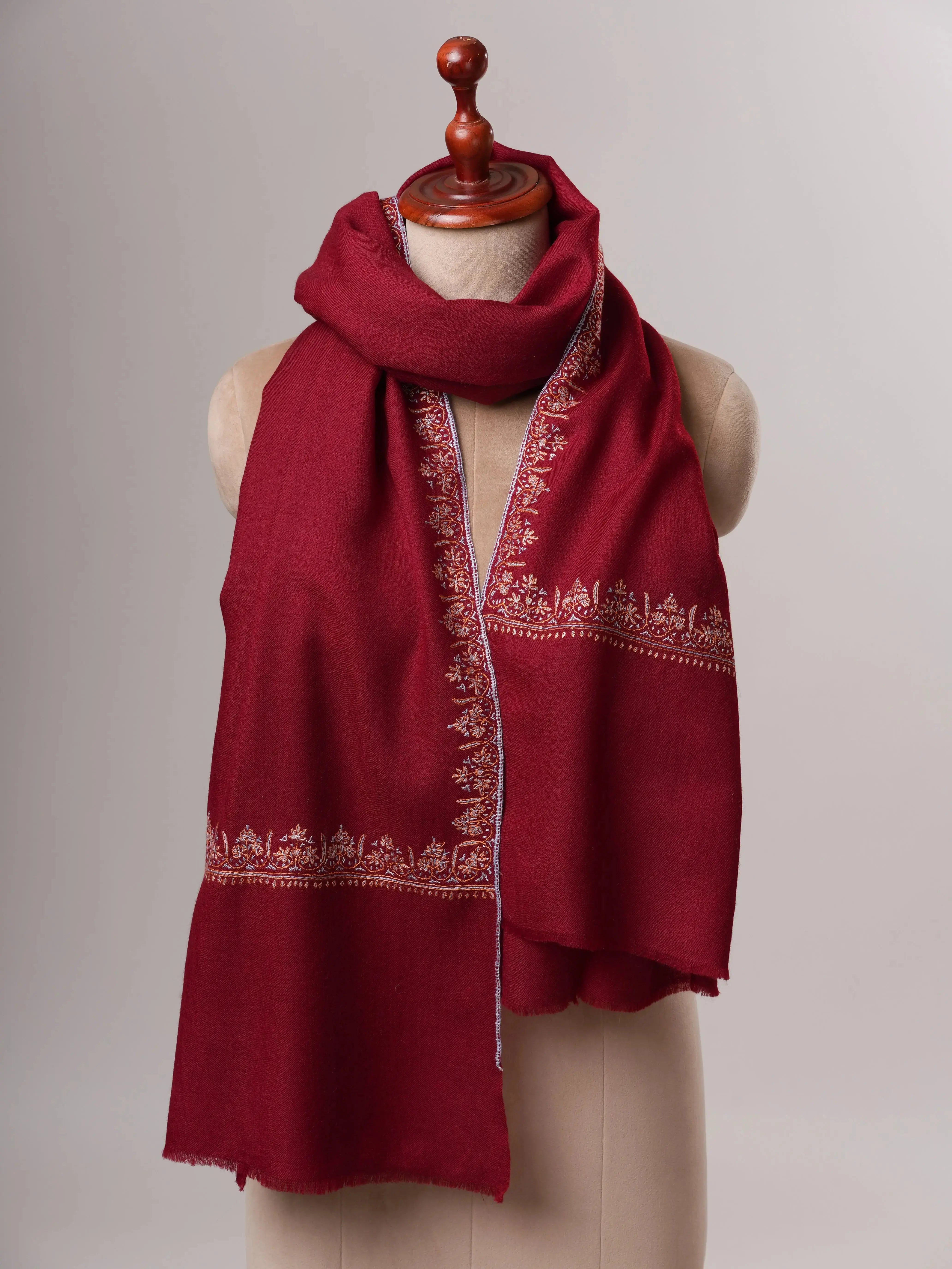 Fine Wool Shawl in Maroon with Hashia Hand Embroidery Shahkaar