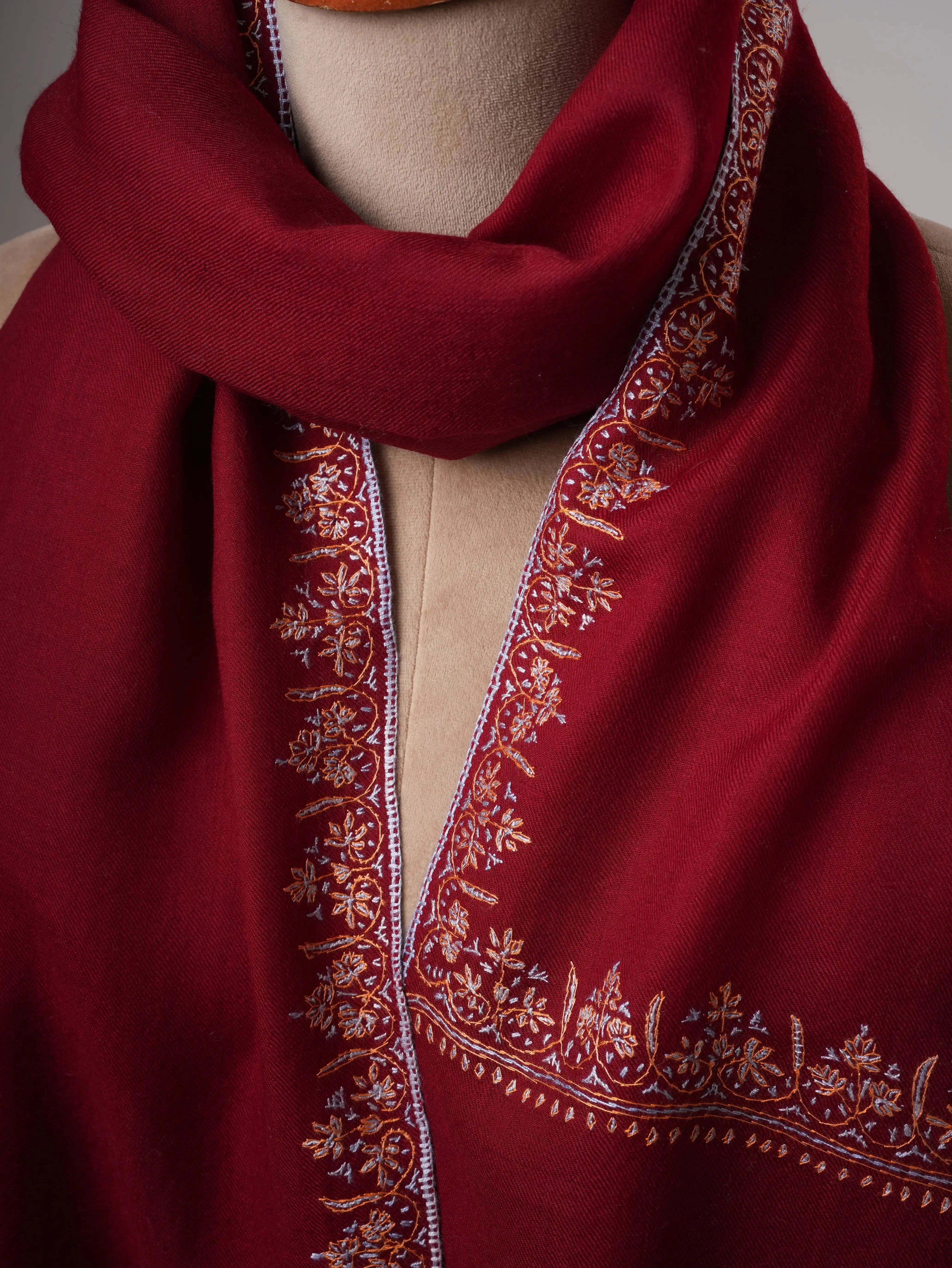 Fine Wool Shawl in Maroon with Hashia Hand Embroidery Shahkaar