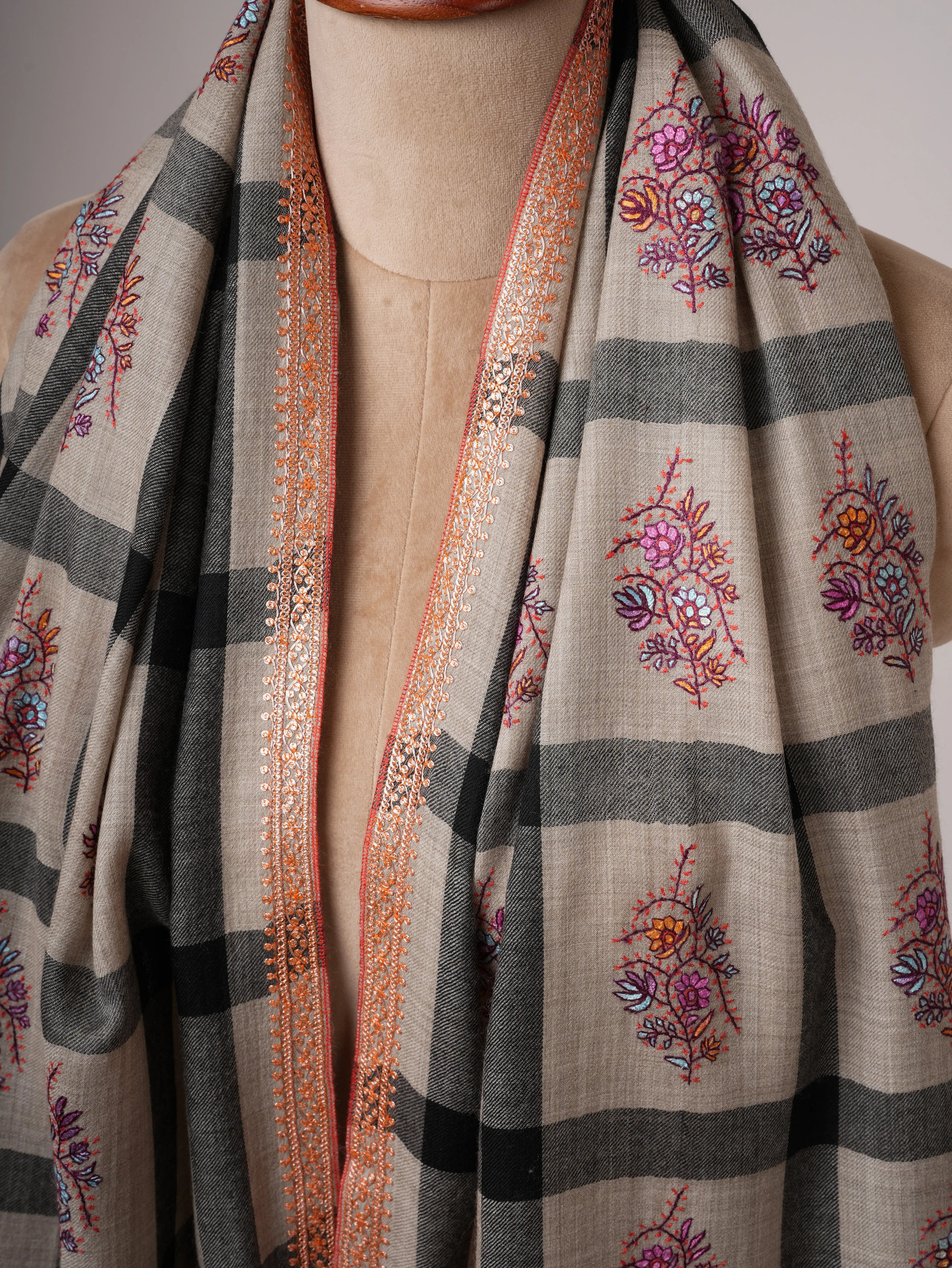 Fine Wool Shawl with Hand Embroidered Tilla Work Shahkaar