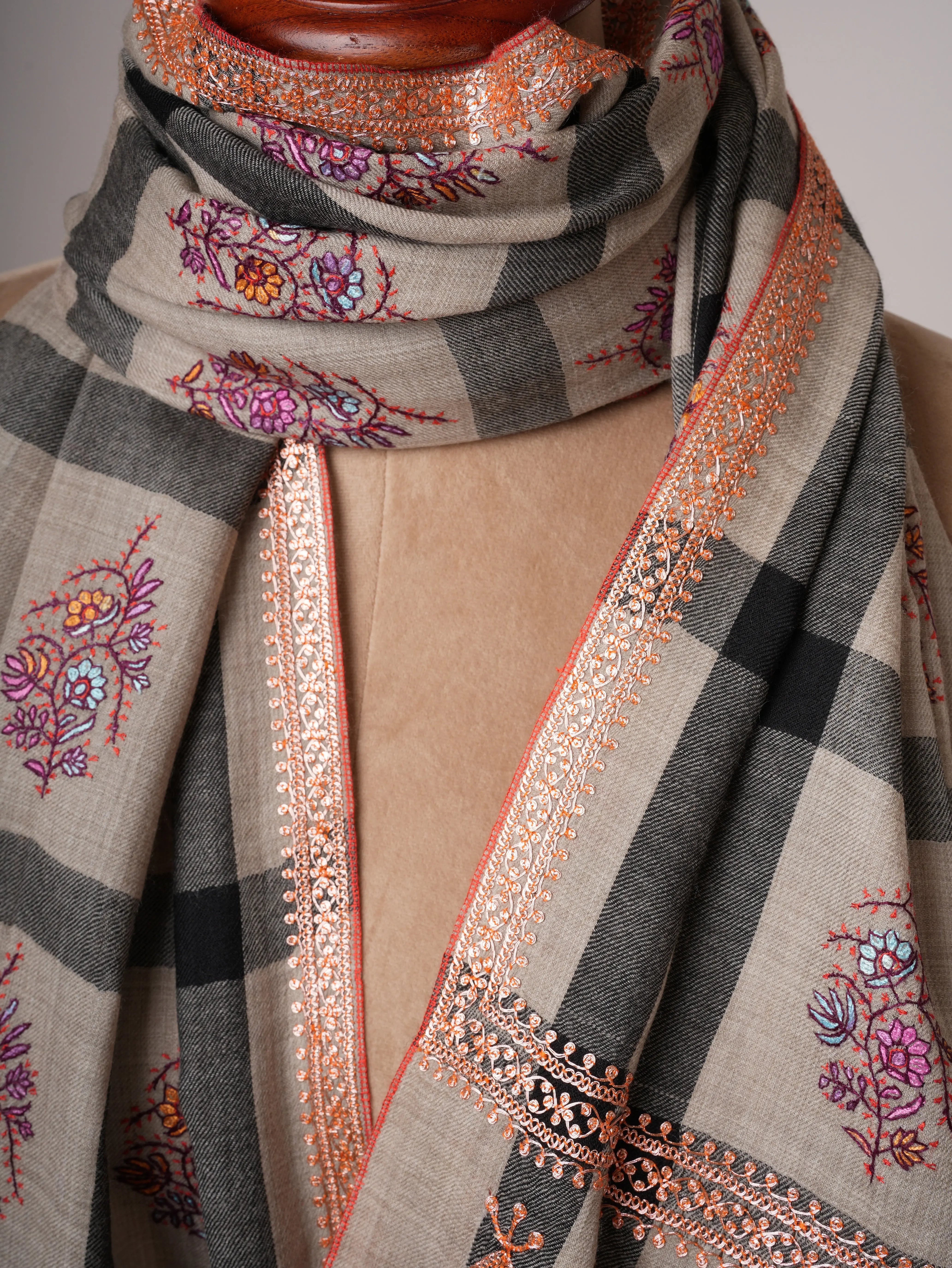 Fine Wool Shawl with Hand Embroidered Tilla Work Shahkaar