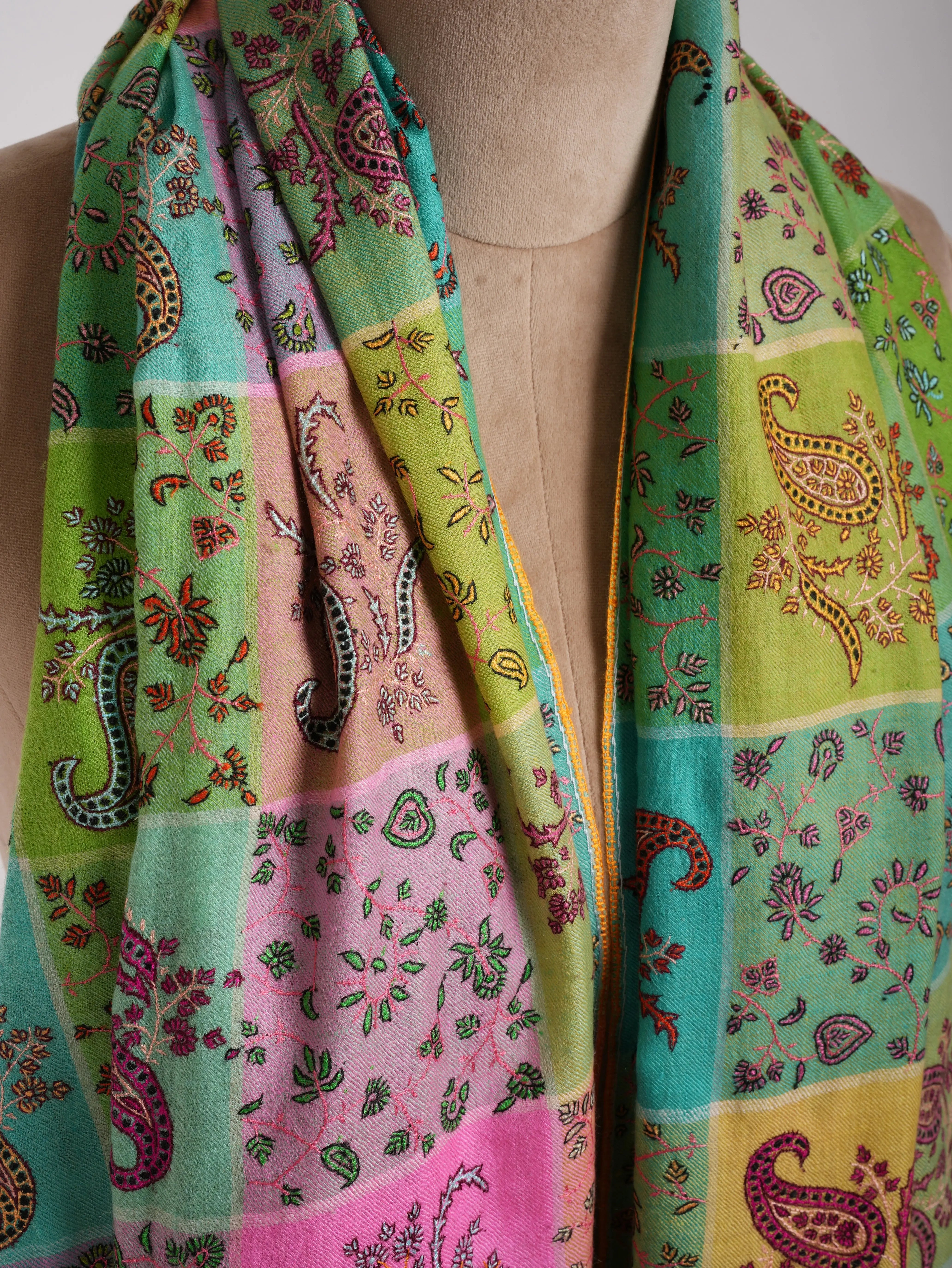 Five Color Stripe Pashmina Shawl with Hand Embroidery Shahkaar
