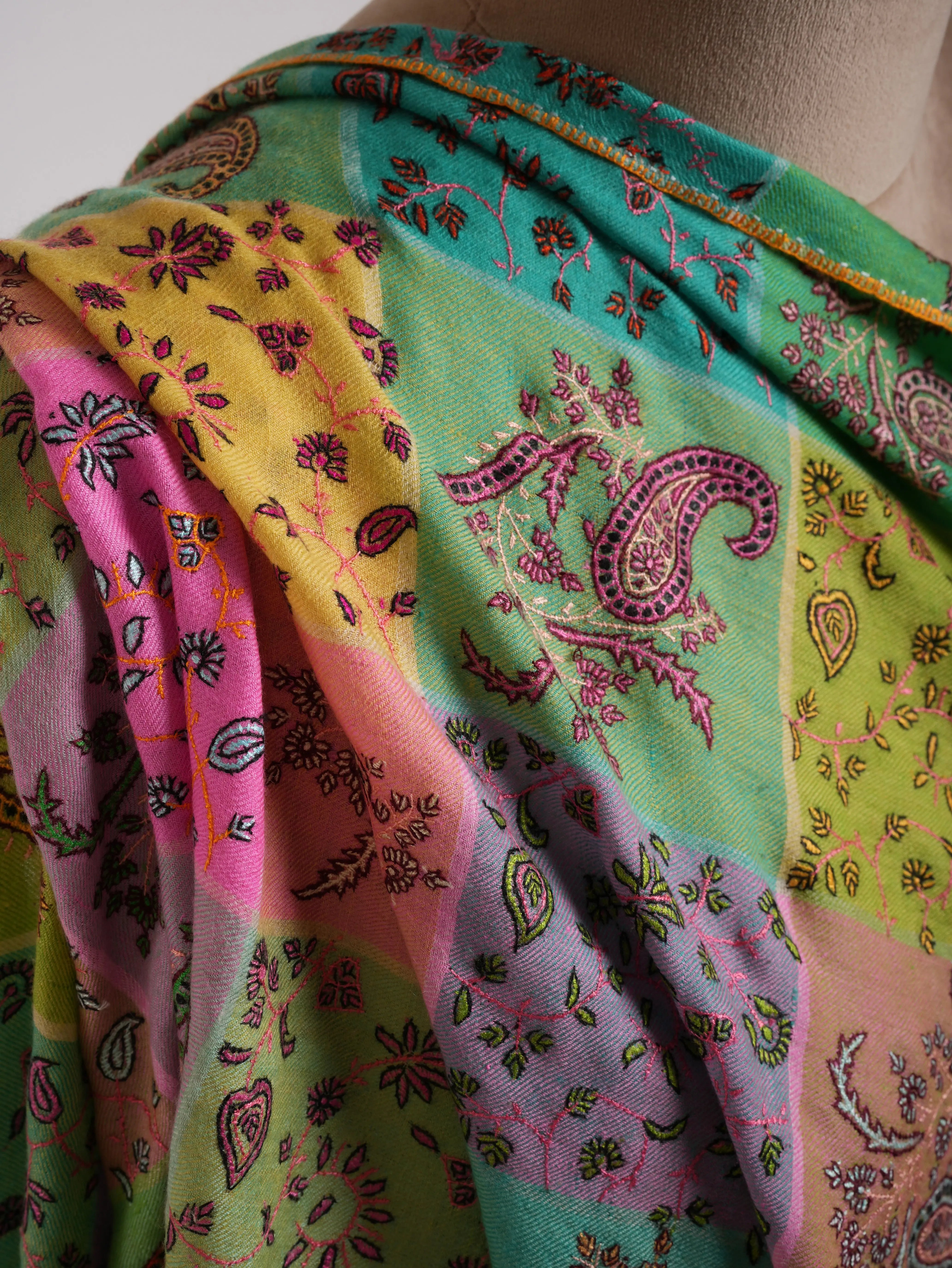 Five Color Stripe Pashmina Shawl with Hand Embroidery Shahkaar
