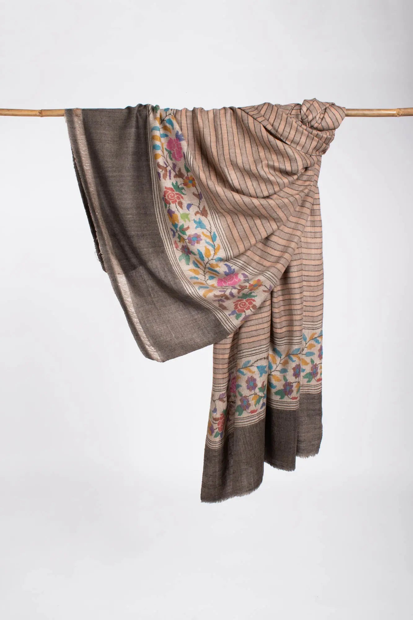 Floral Kani Pashmina Shawl with Stripes - GLOBE Shahkaar