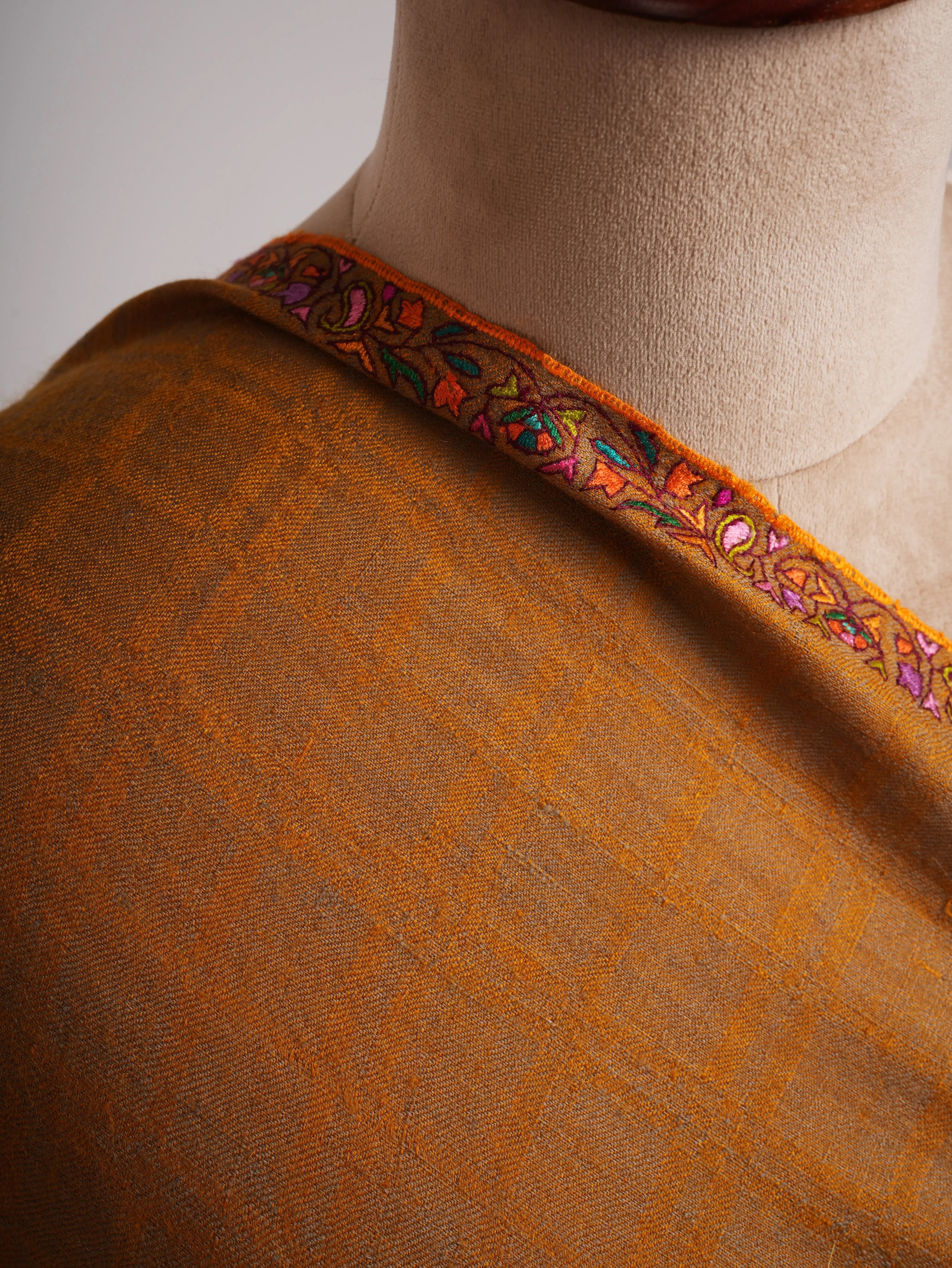Gold Check with Palla Embroidered Pure Pashmina Shawl Shahkaar