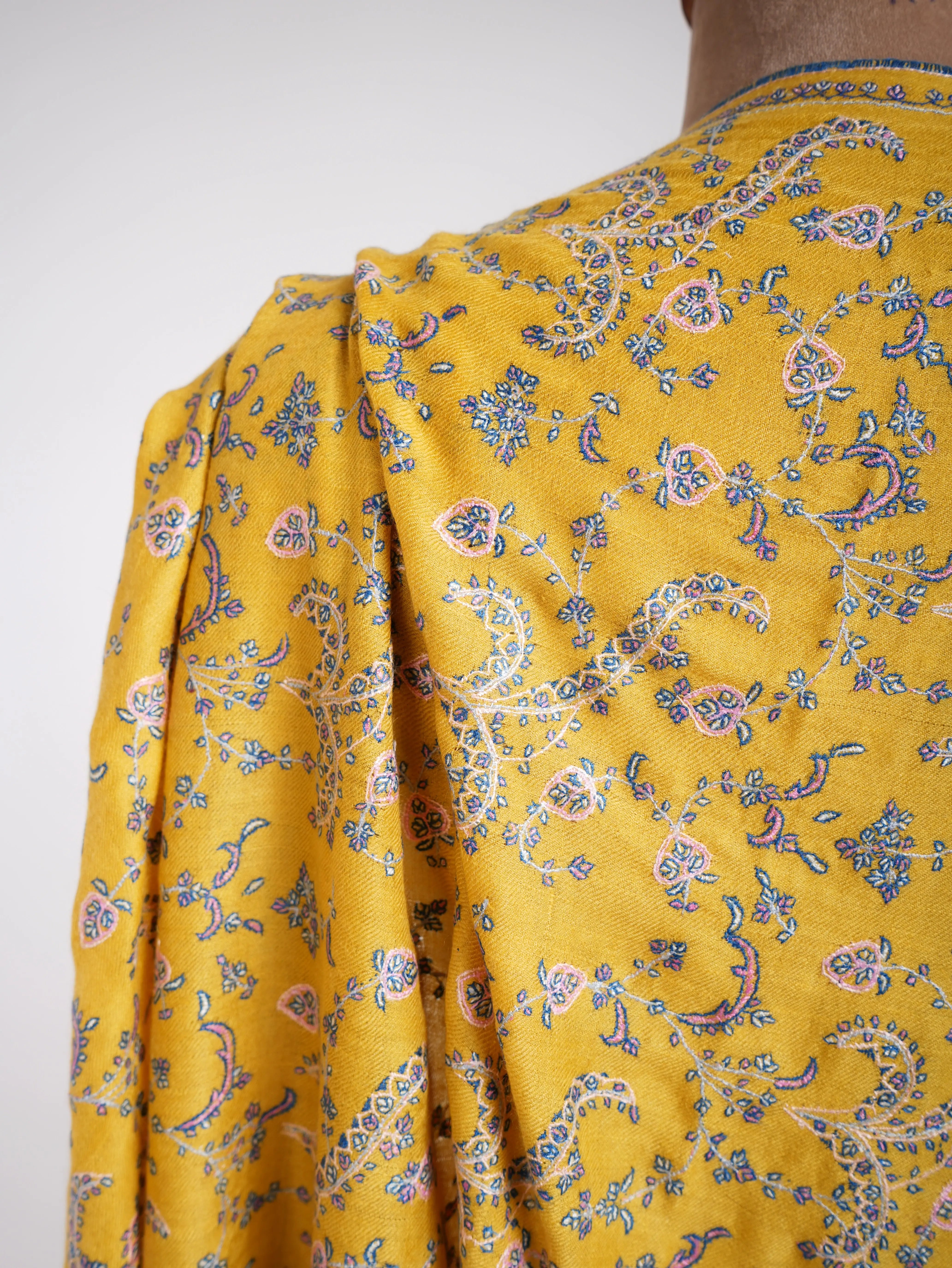 Gold Hand Embroidered Beautiful Pashmina Shawl Shahkaar