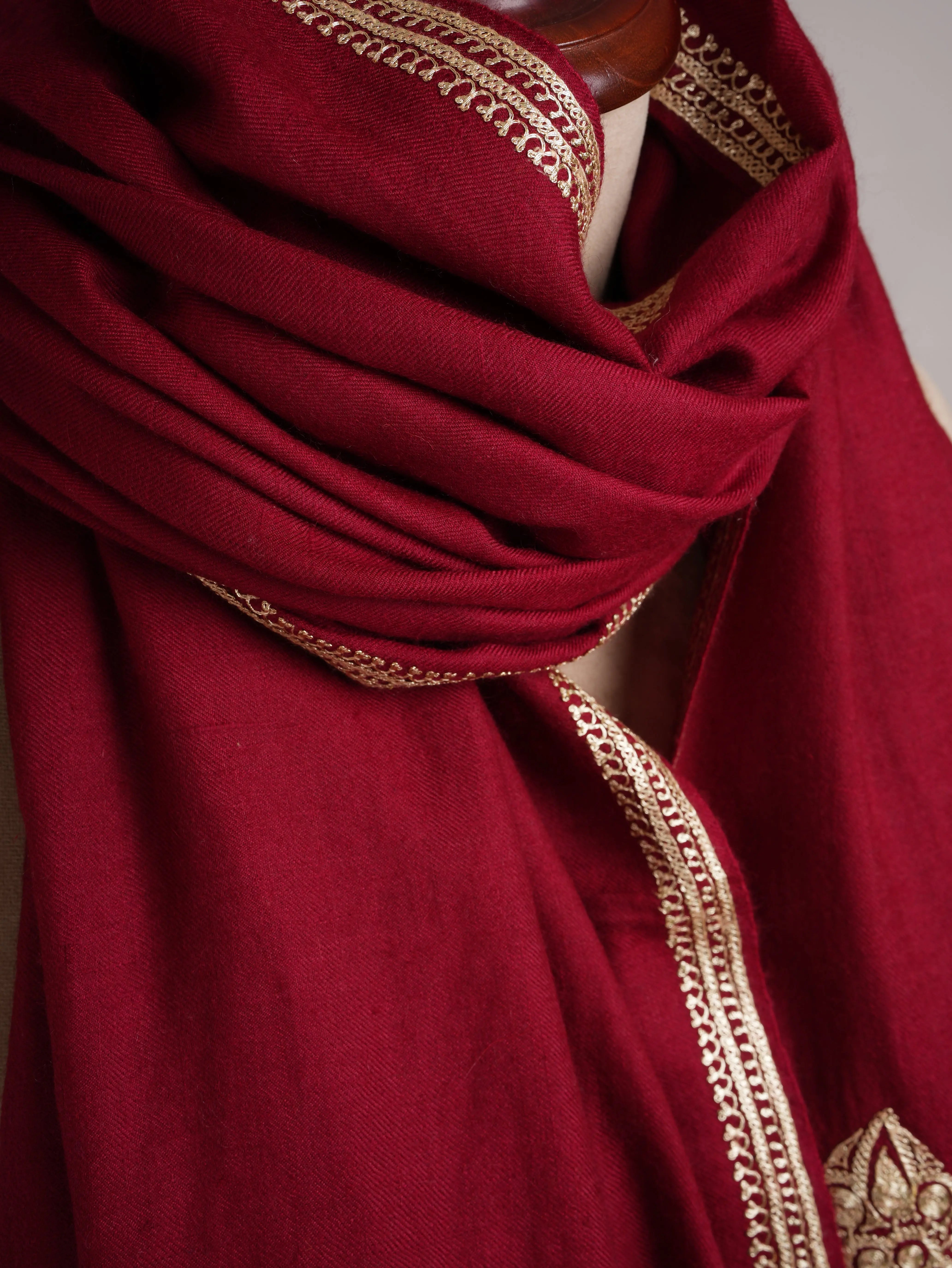 Gold Tilla Embroidered Kashmiri Pashmina Shawl Shahkaar