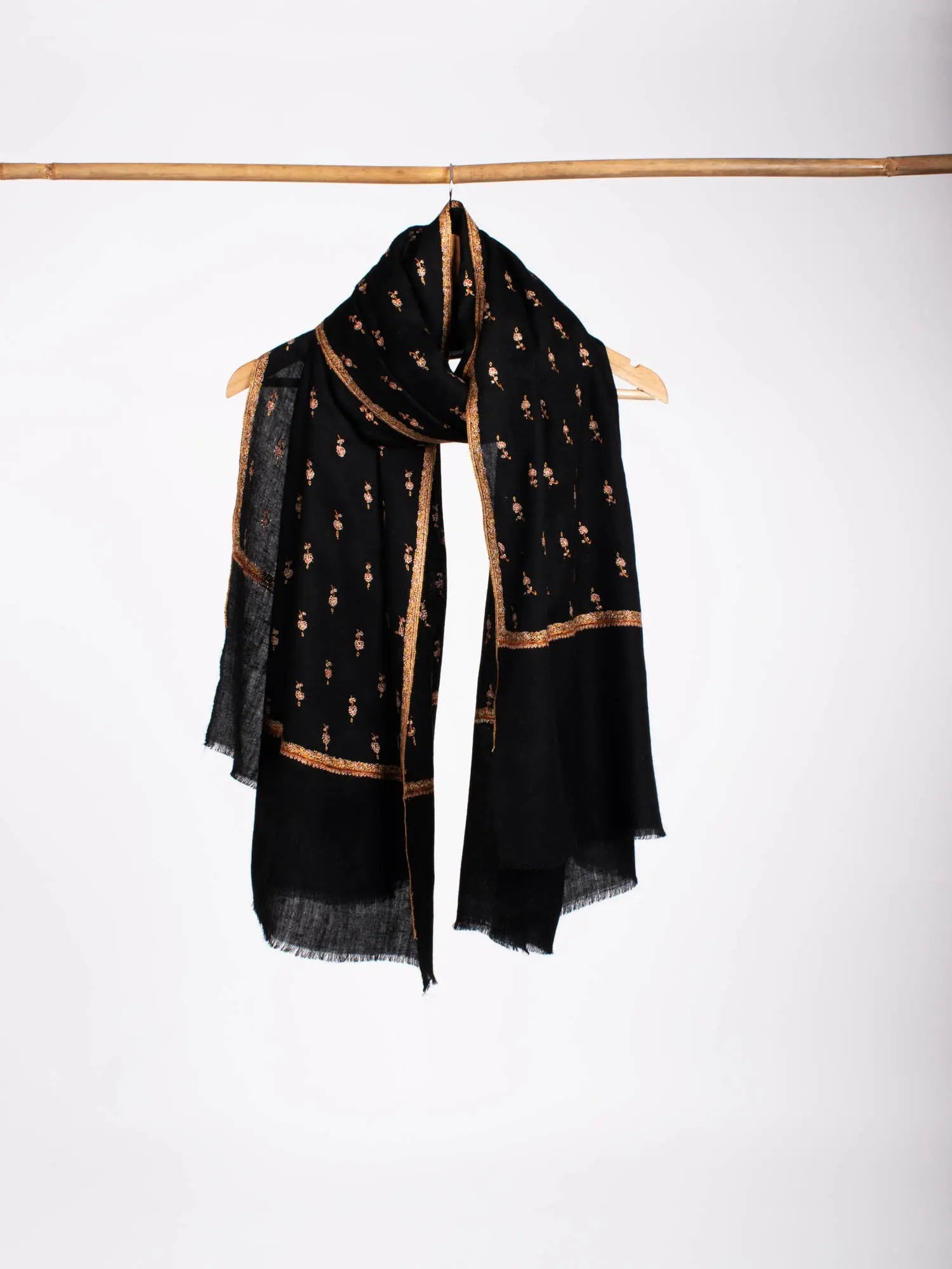 Gold and Black Buteh Kashmiri Cashmere Scarf - LOVELAND Shahkaar