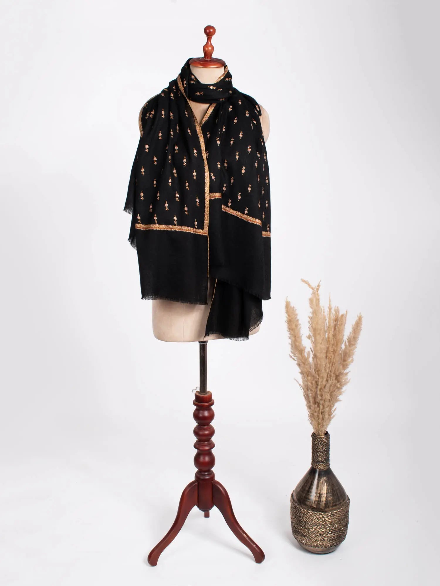 Gold and Black Buteh Kashmiri Cashmere Scarf - LOVELAND Shahkaar