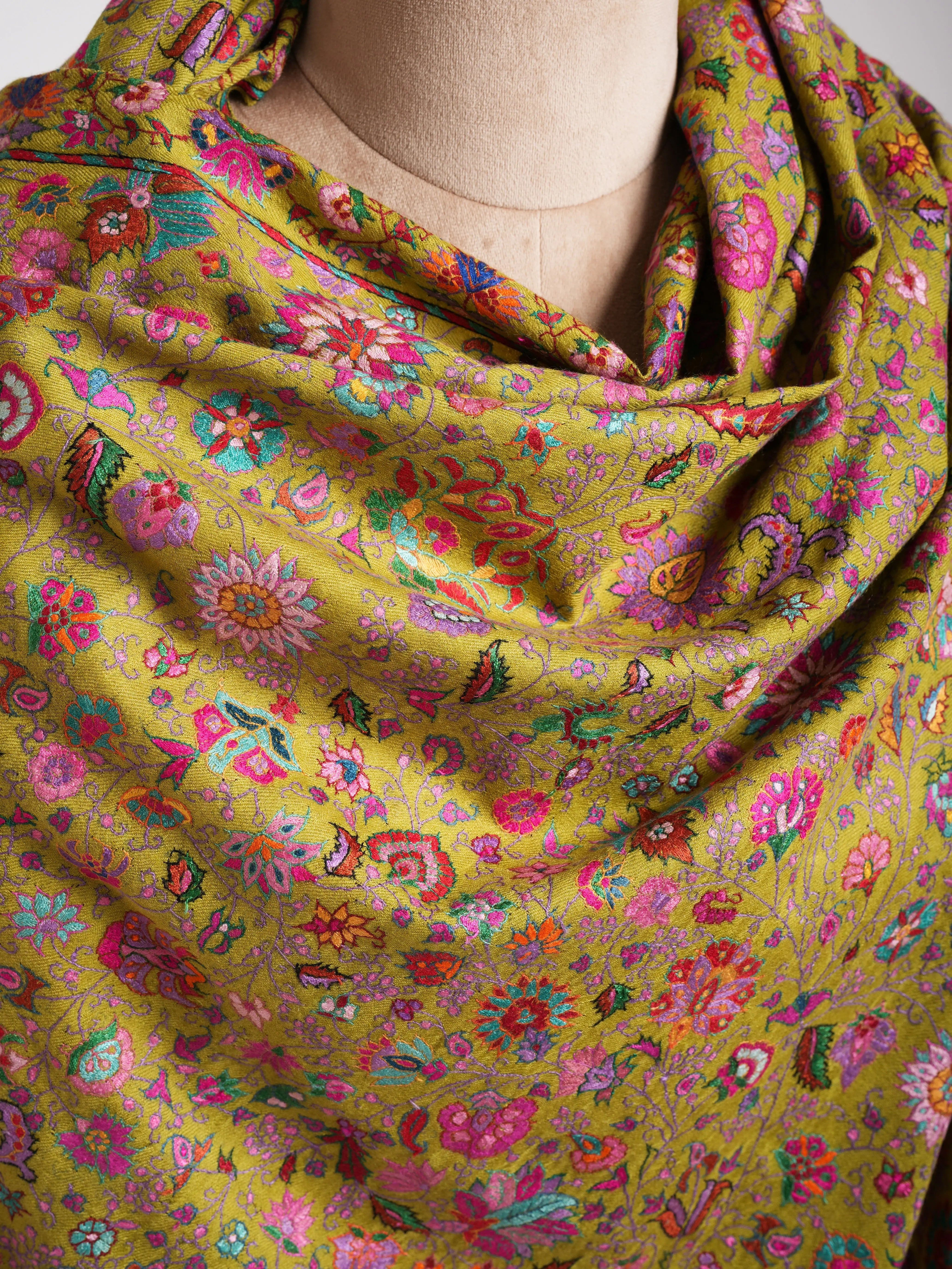 Golden Palm Handmade Indian Pashmina Jamavar Shawl Shahkaar