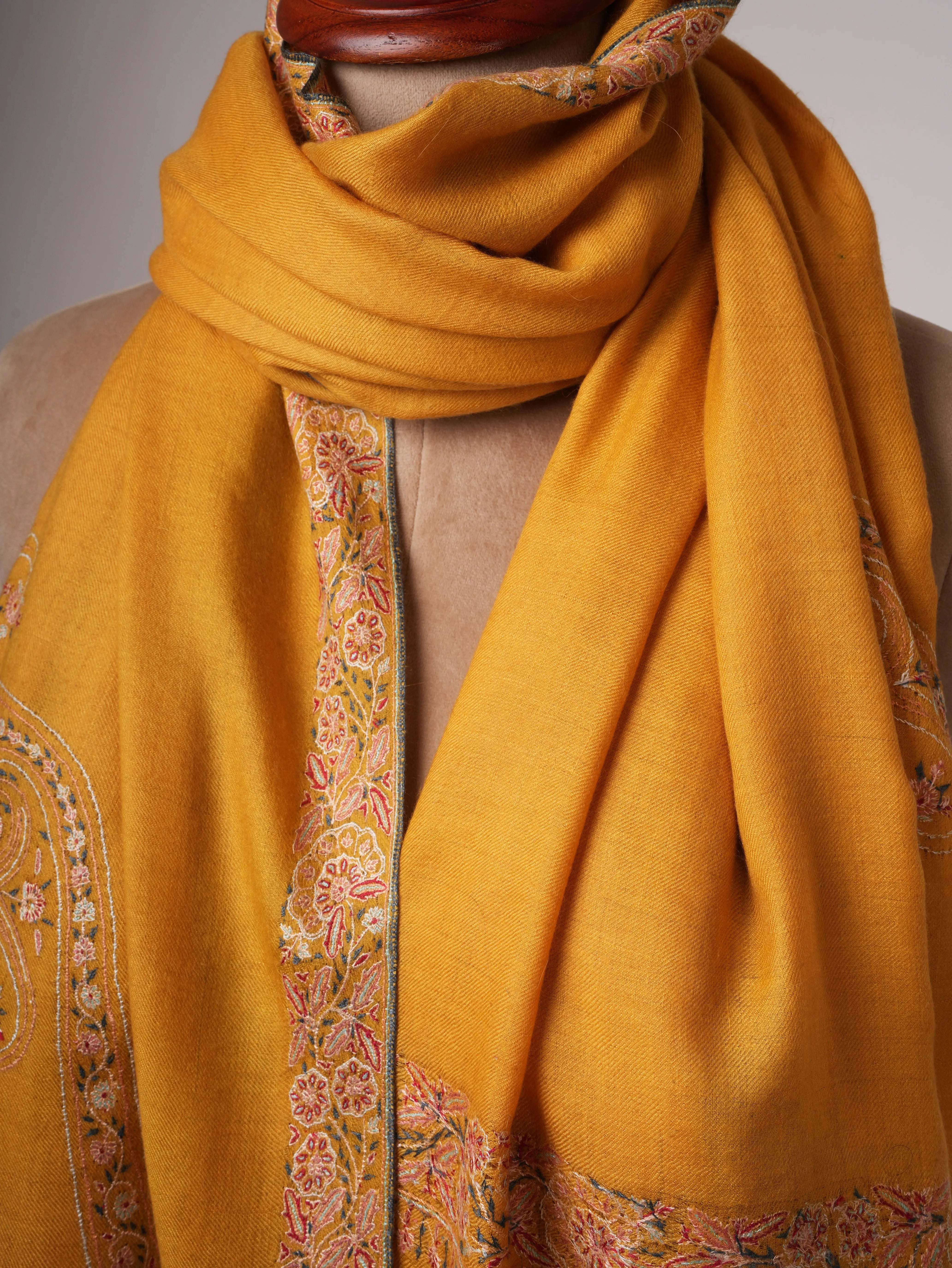 Golden Pashmina Shawl with Fine Border Embroidery Classic Paisley Corners Soft Elegant Shahkaar