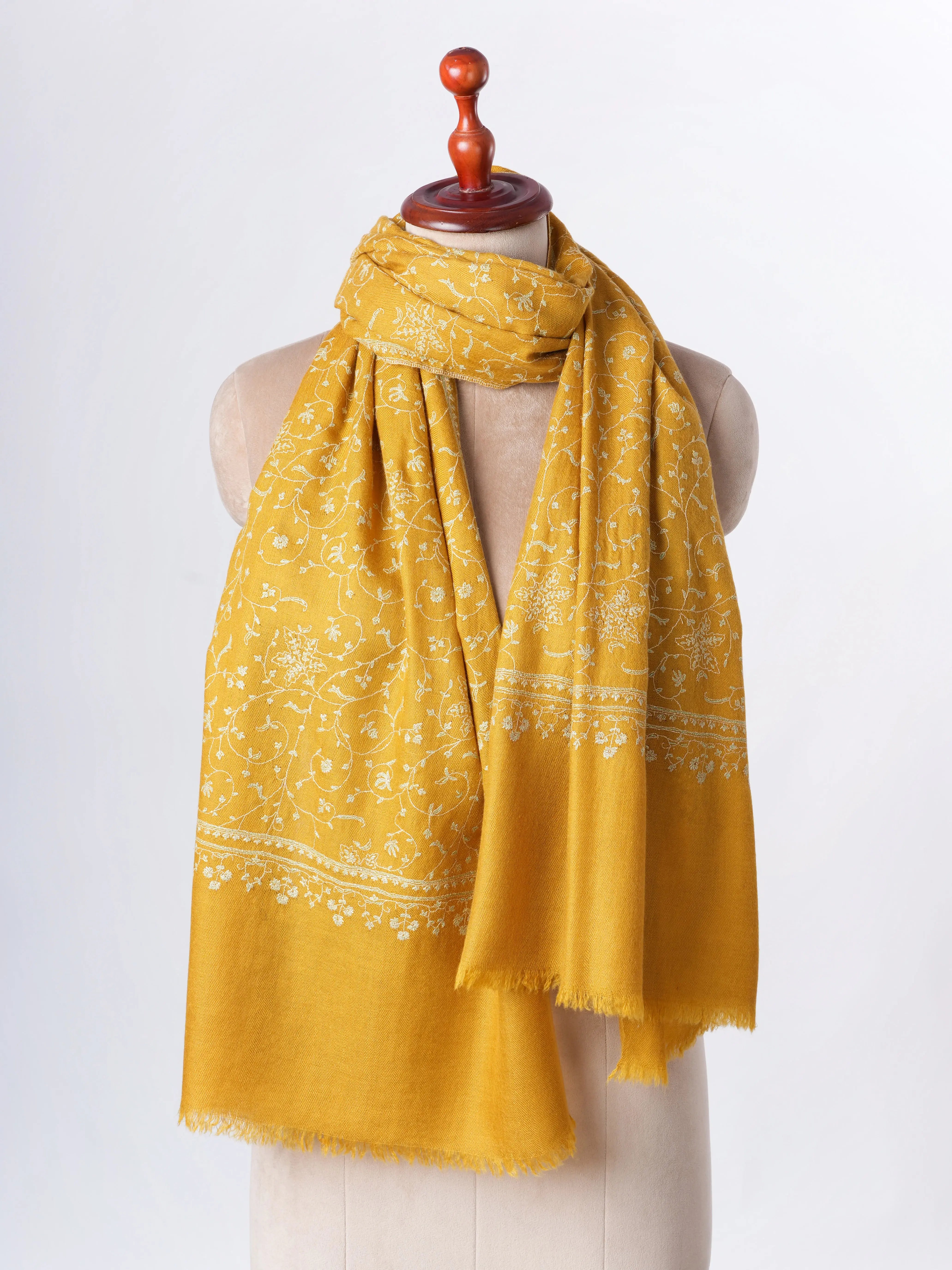 Golden Yellow Baby Soft Cashmere Scarf with Jali Hand Embroidery – Artisan Luxury Shahkaar