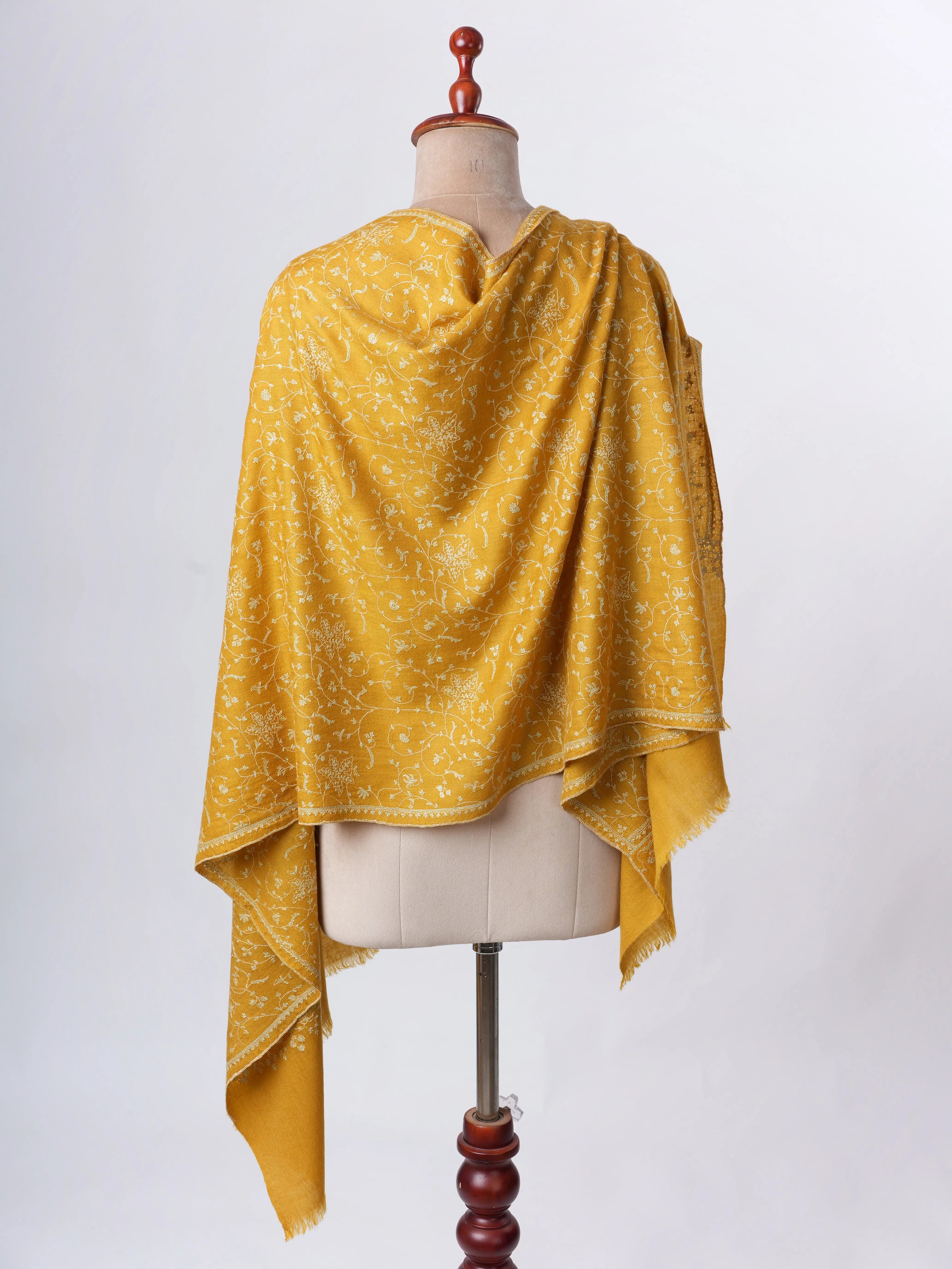 Golden Yellow Baby Soft Cashmere Scarf with Jali Hand Embroidery – Artisan Luxury Shahkaar