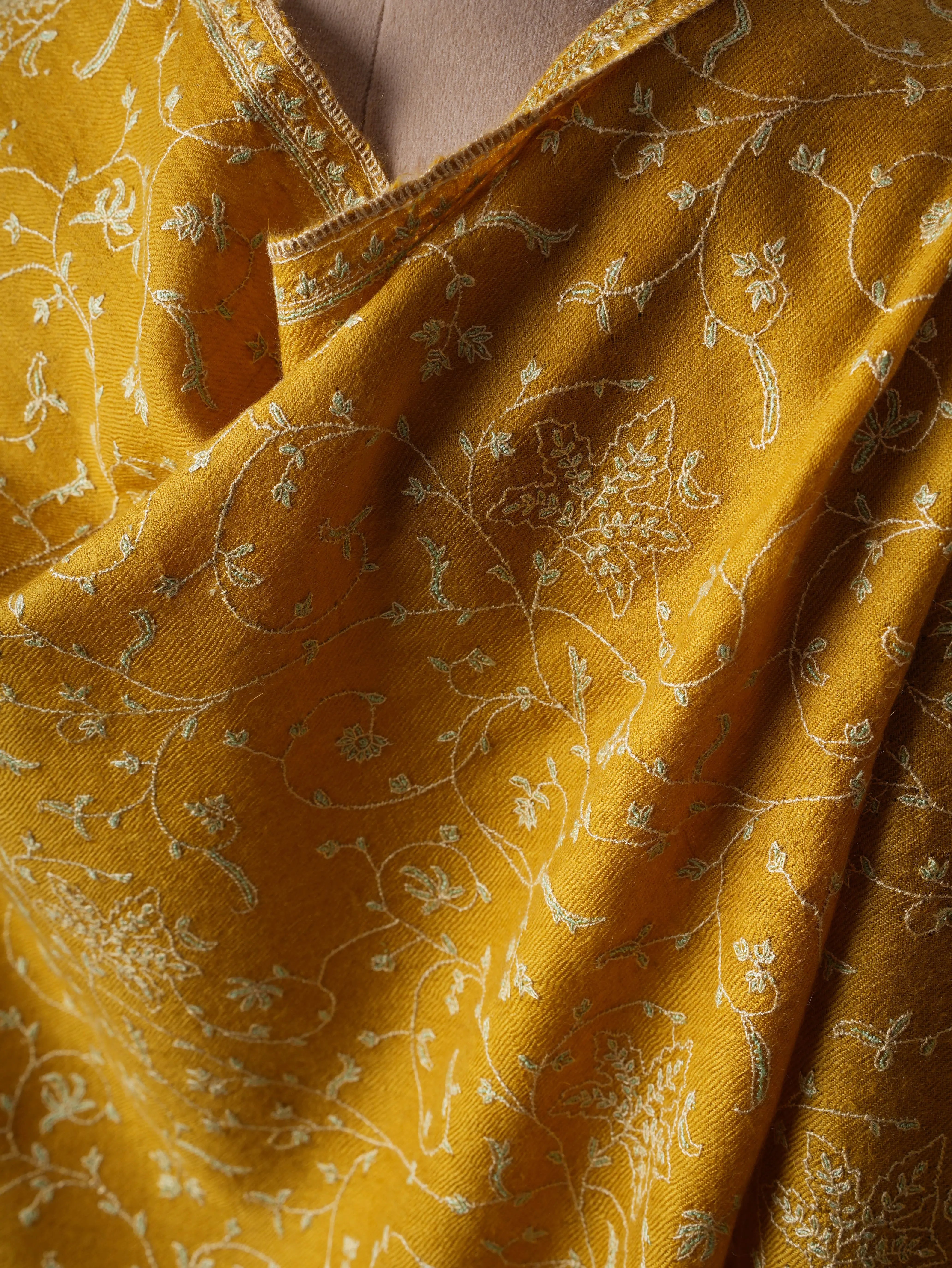 Golden Yellow Baby Soft Cashmere Scarf with Jali Hand Embroidery – Artisan Luxury Shahkaar