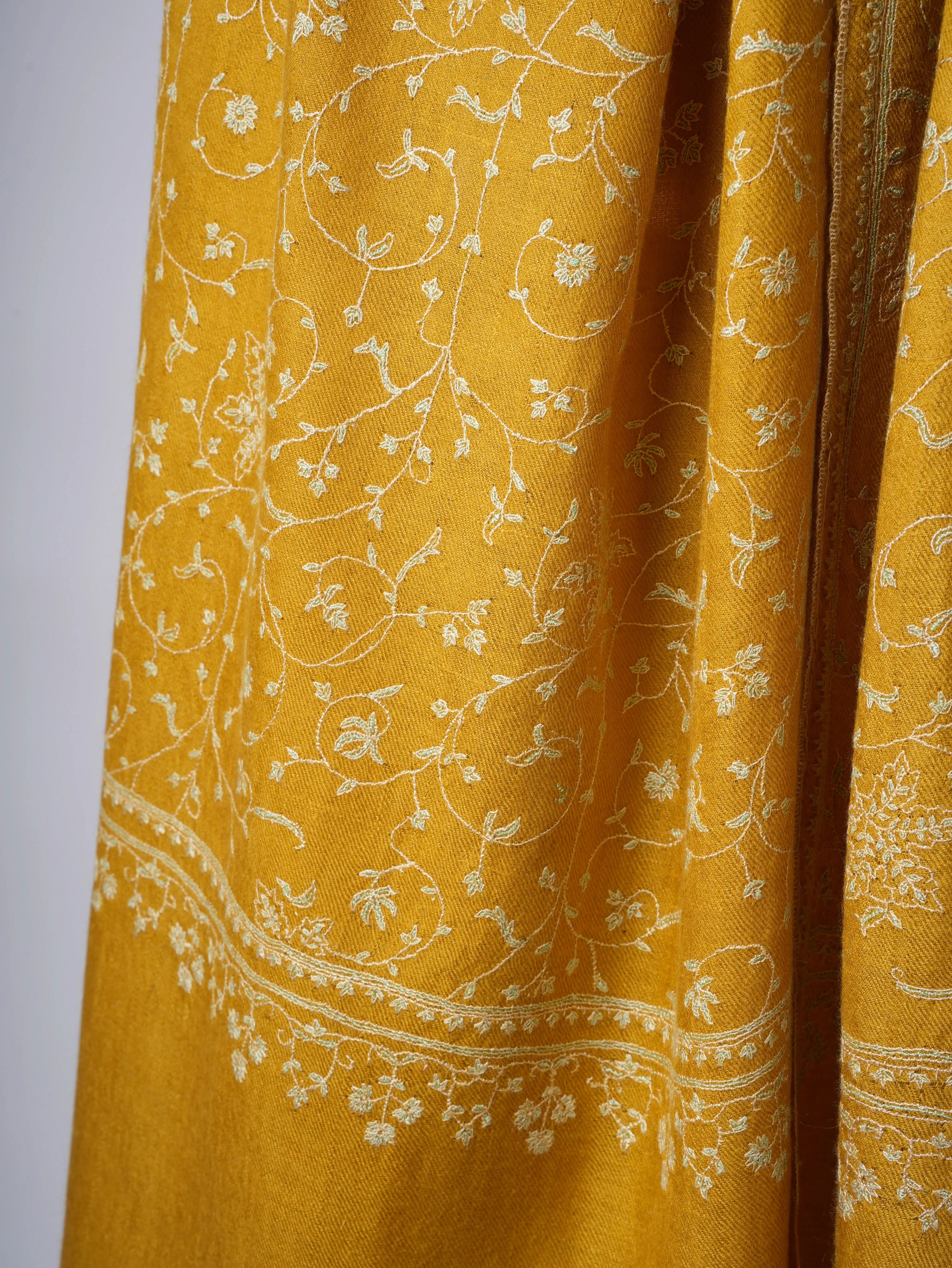 Golden Yellow Baby Soft Cashmere Scarf with Jali Hand Embroidery – Artisan Luxury Shahkaar