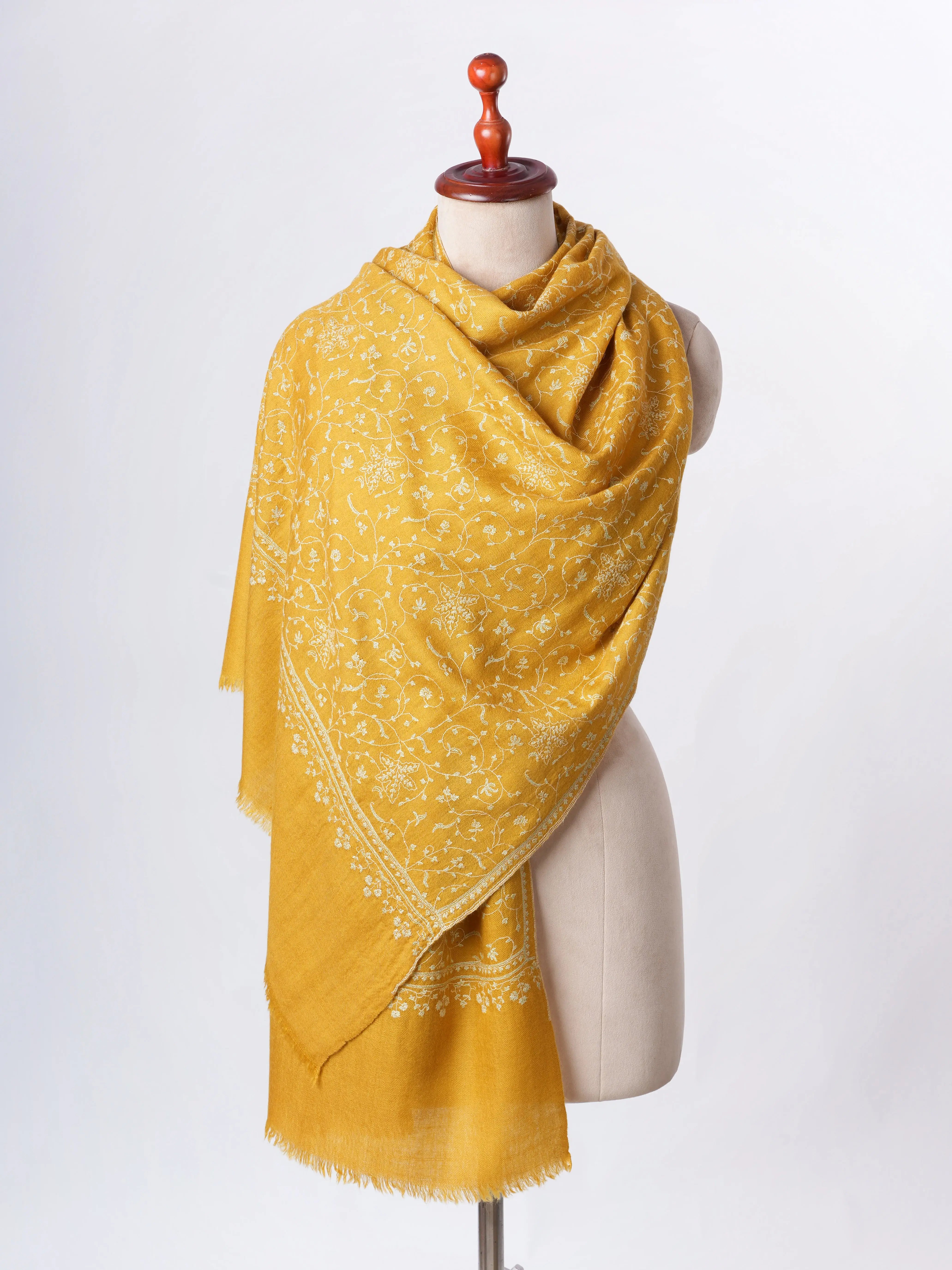 Golden Yellow Baby Soft Cashmere Scarf with Jali Hand Embroidery – Artisan Luxury Shahkaar