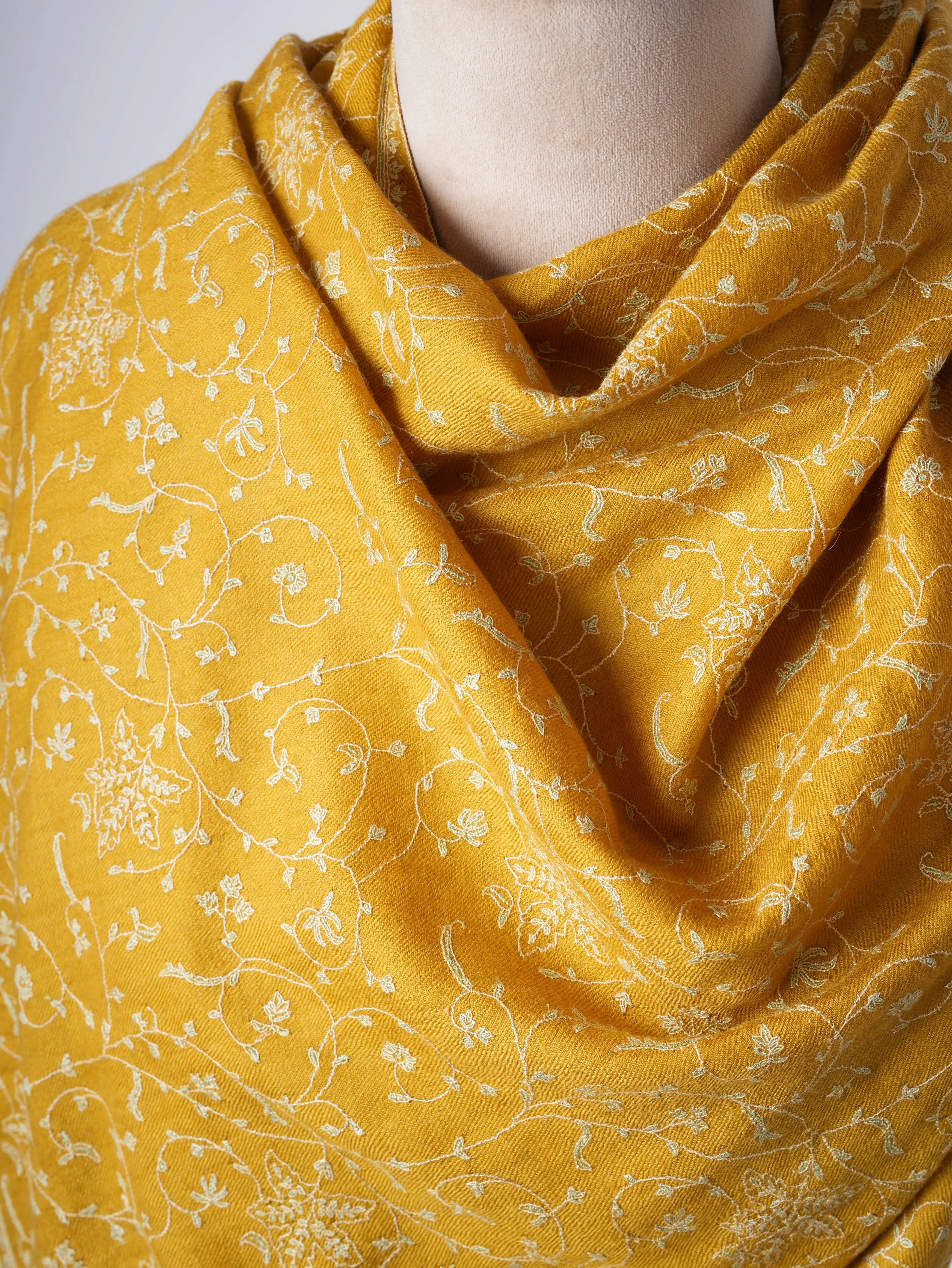 Golden Yellow Baby Soft Cashmere Scarf with Jali Hand Embroidery – Artisan Luxury Shahkaar