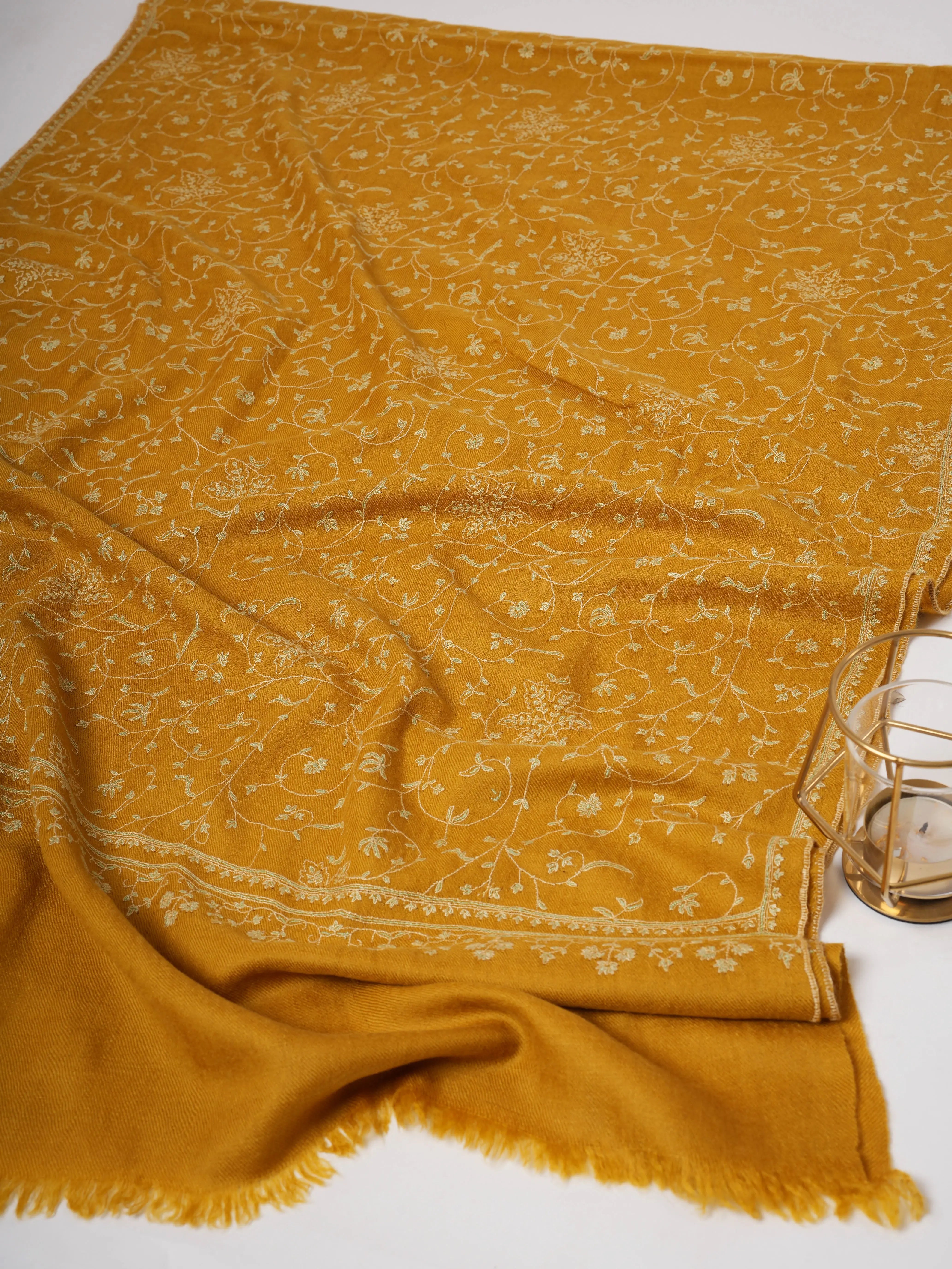 Golden Yellow Baby Soft Cashmere Scarf with Jali Hand Embroidery – Artisan Luxury Shahkaar