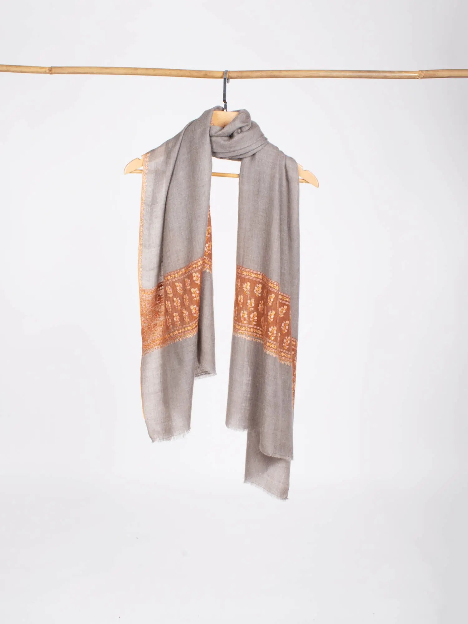 Gray and Orange Embroidered Beautiful Cashmere Wrap - MARQUETTE Shahkaar