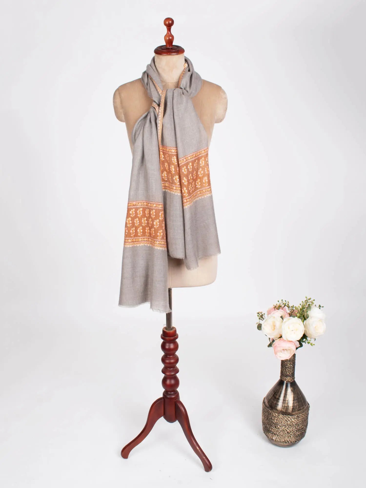 Gray and Orange Embroidered Beautiful Cashmere Wrap - MARQUETTE Shahkaar