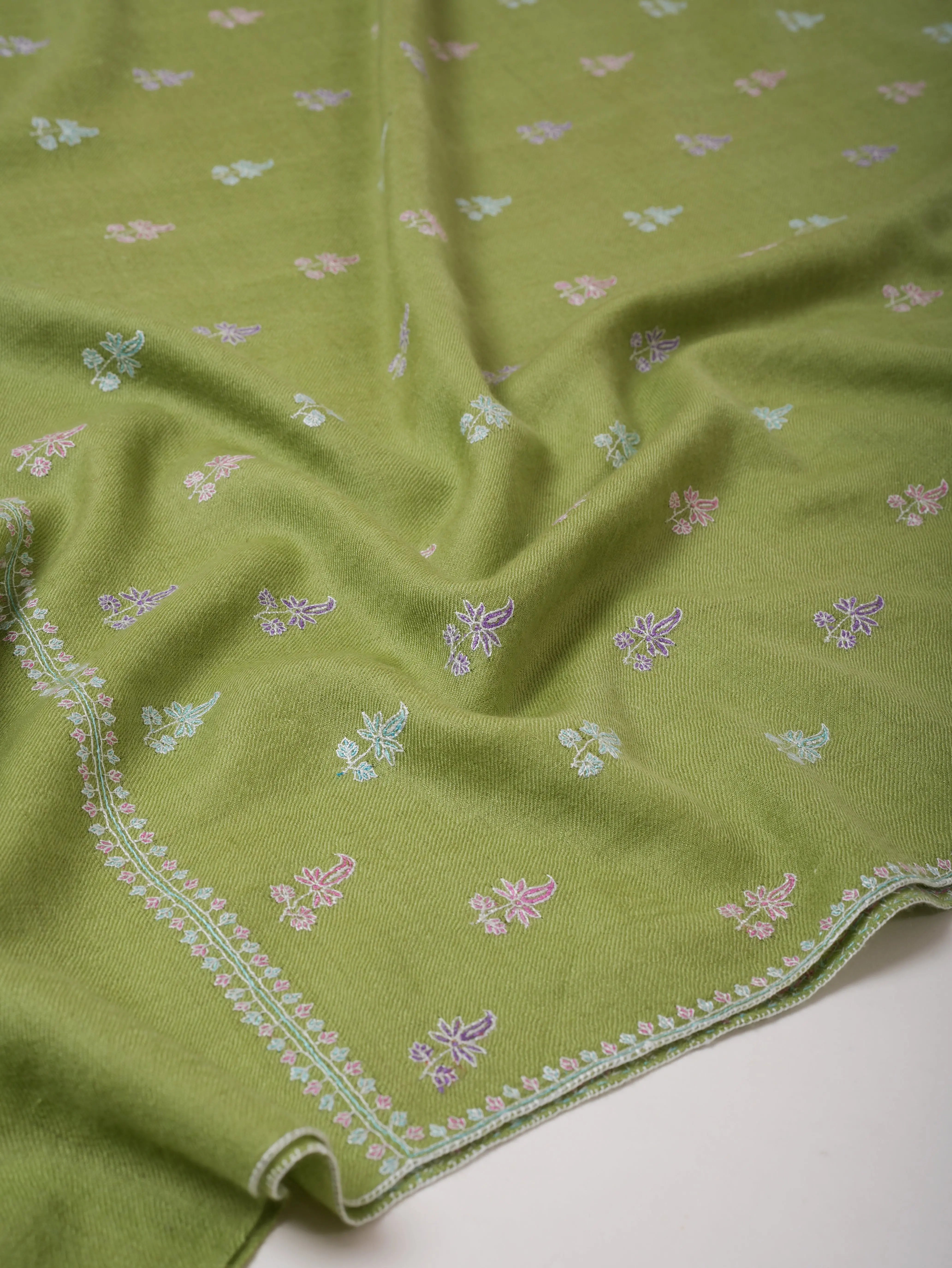 Green Kashmiri Pashmina Shawl with Fine Buteh Embroidery Shahkaar