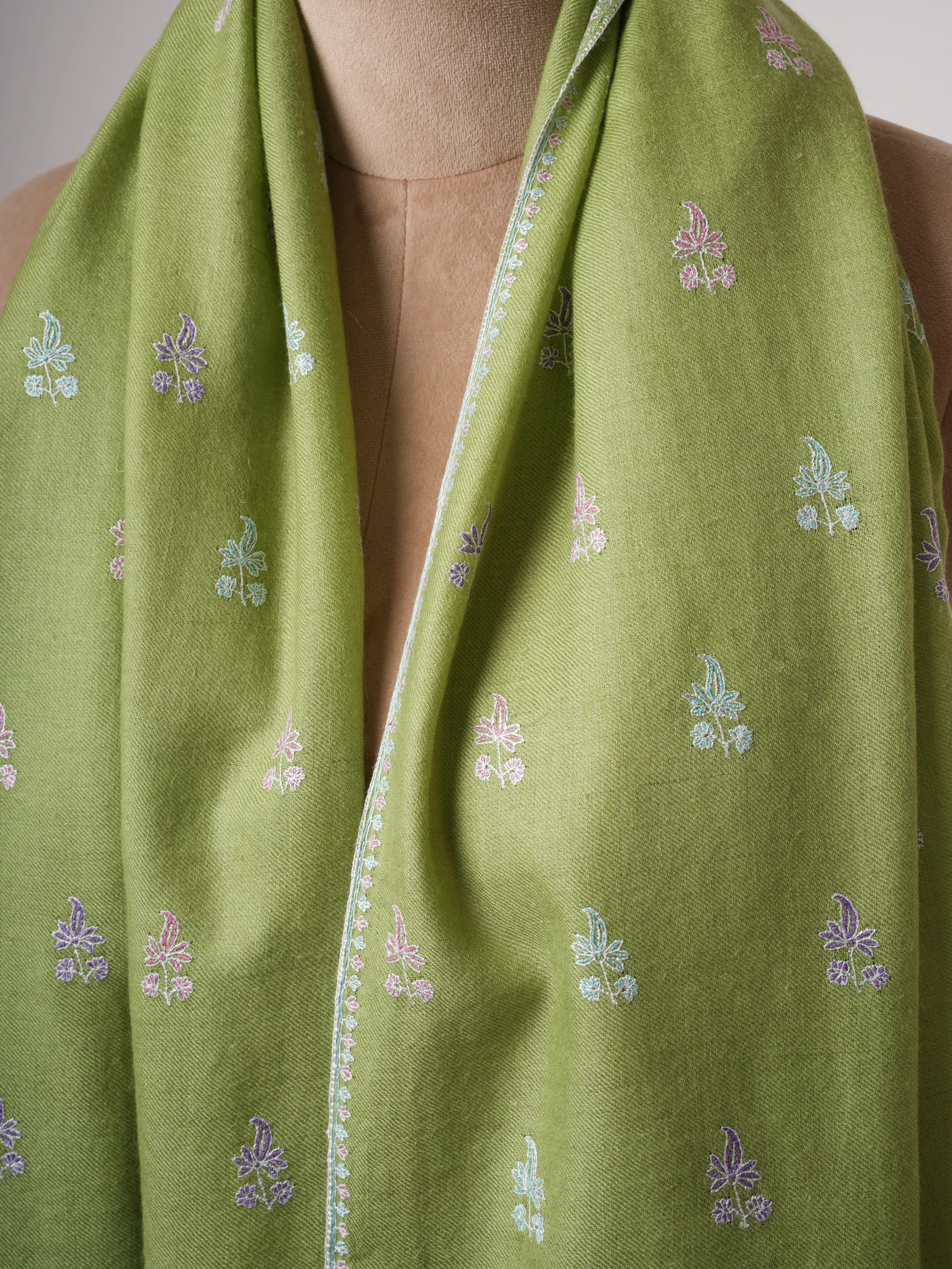 Green Kashmiri Pashmina Shawl with Fine Buteh Embroidery Shahkaar