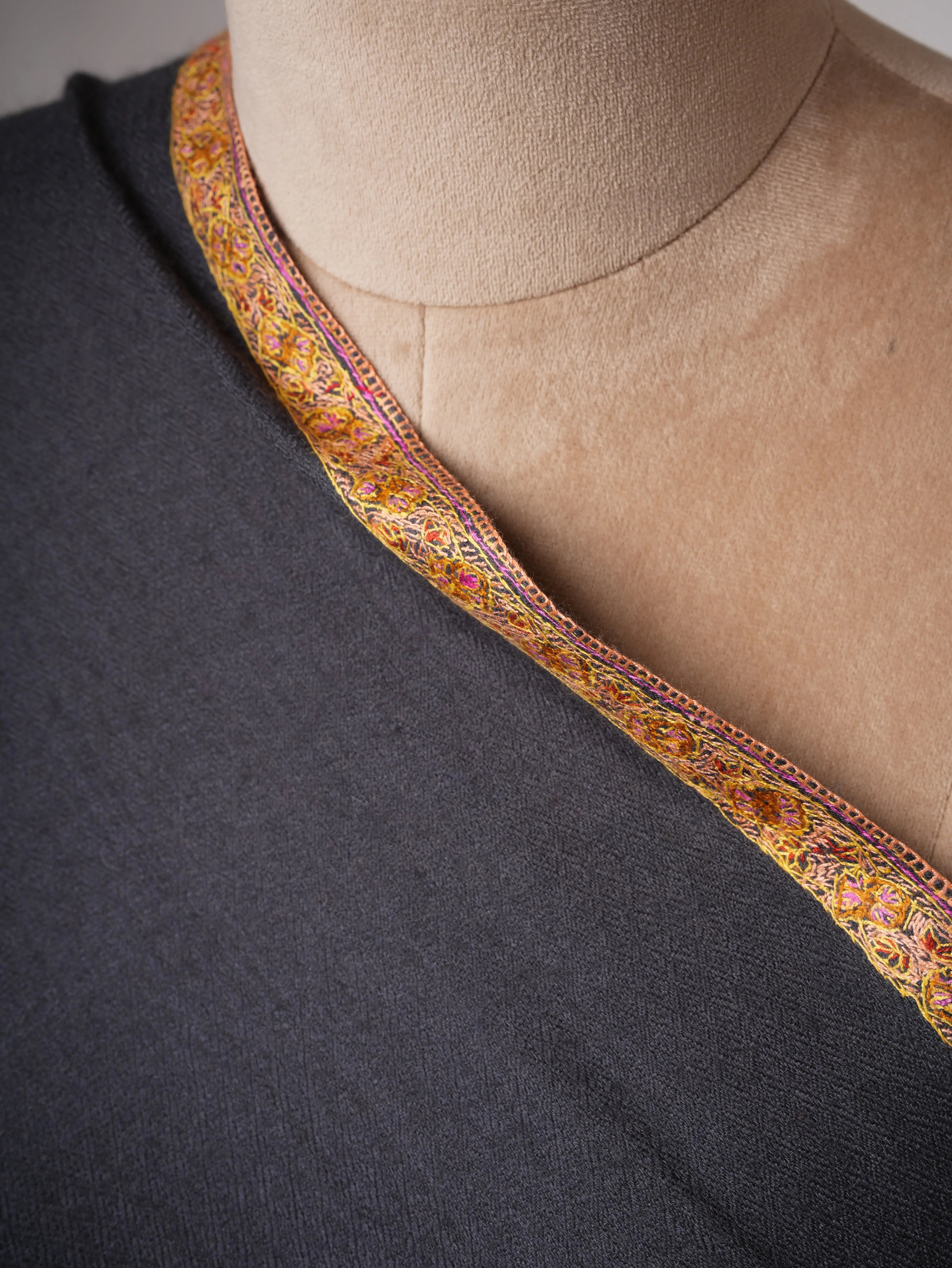 Grey Hand Embroidered Silk Wool Shawl with Hashia Border Shahkaar