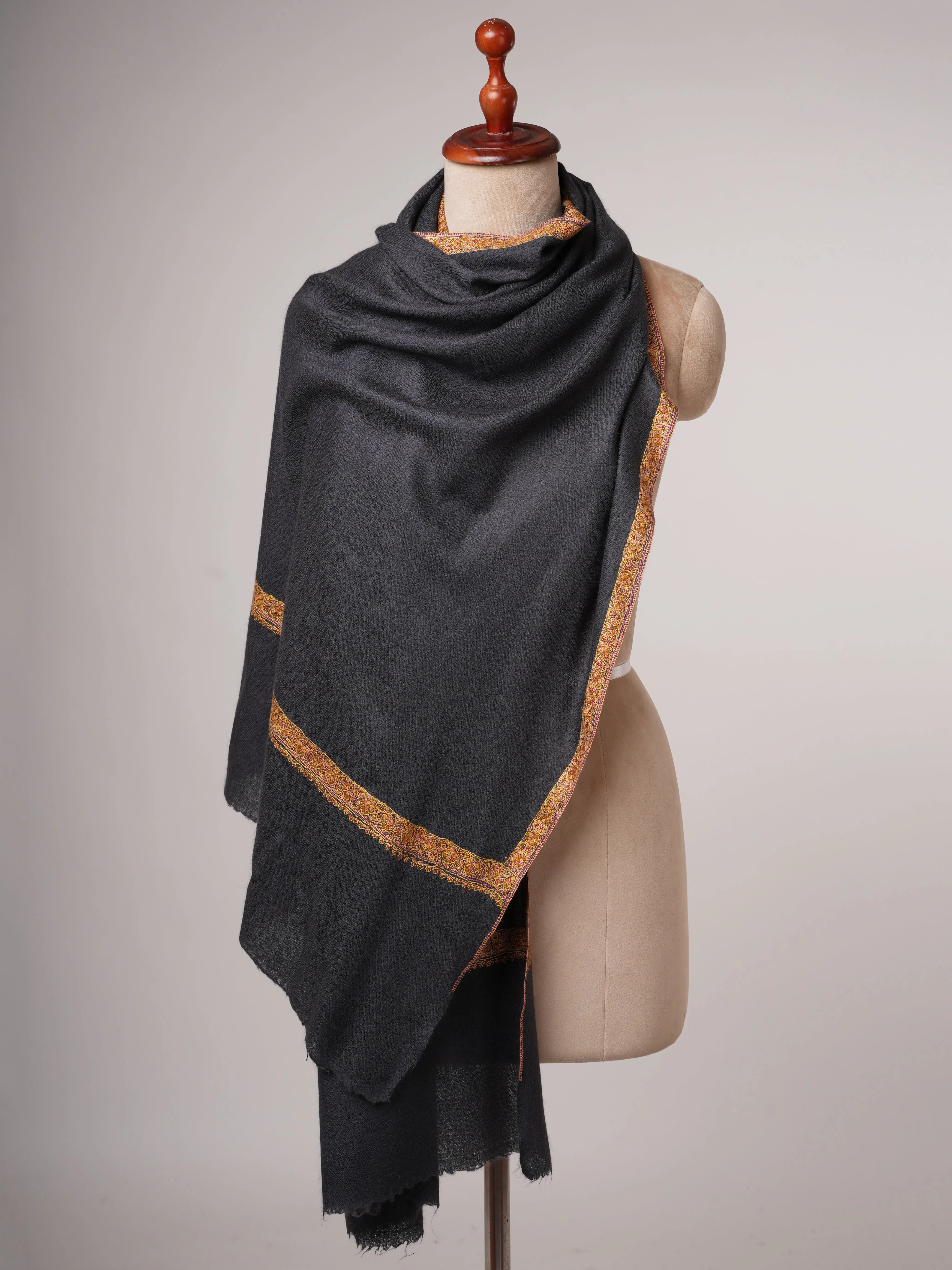 Grey Hand Embroidered Silk Wool Shawl with Hashia Border Shahkaar