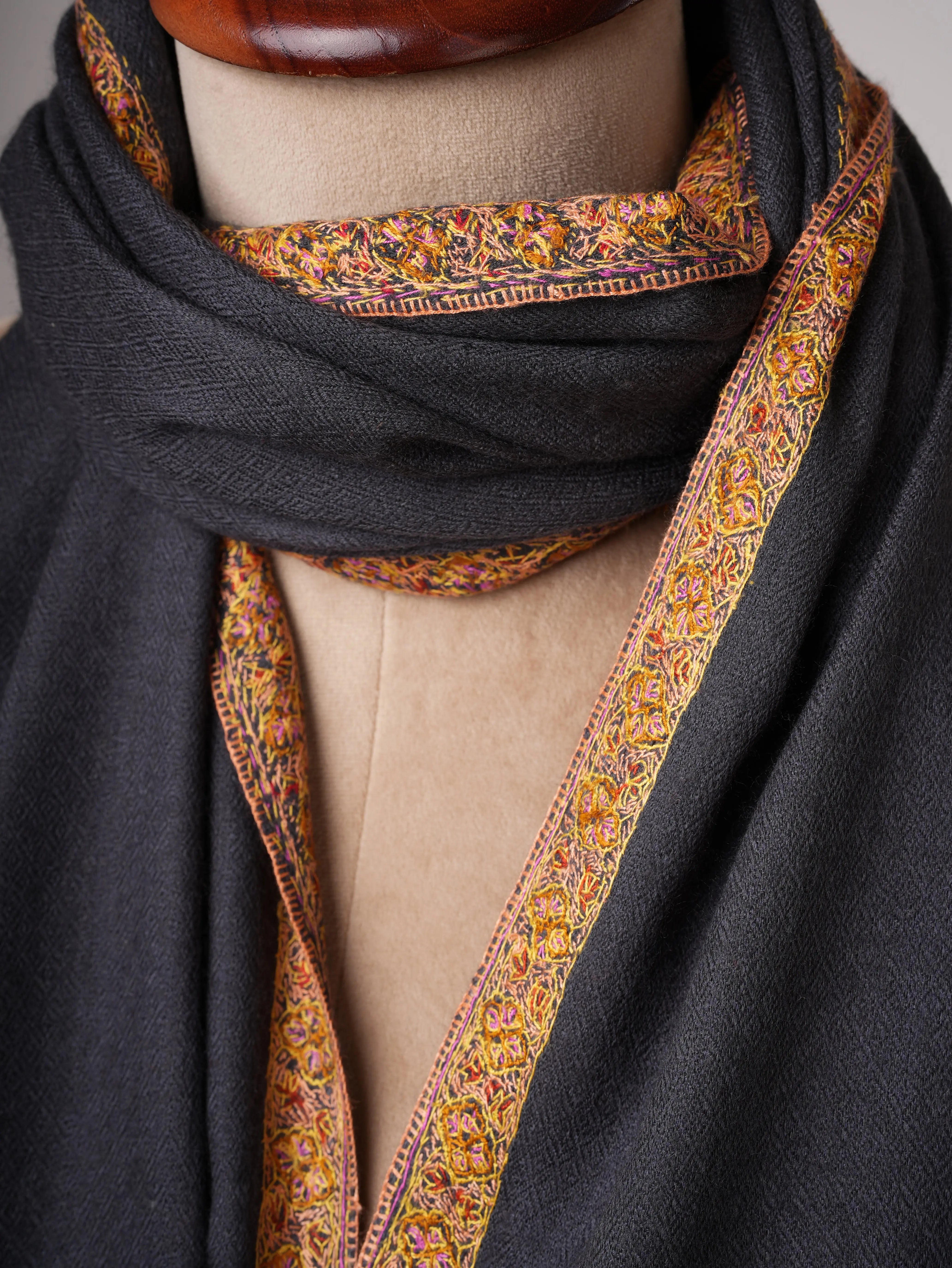 Grey Hand Embroidered Silk Wool Shawl with Hashia Border Shahkaar