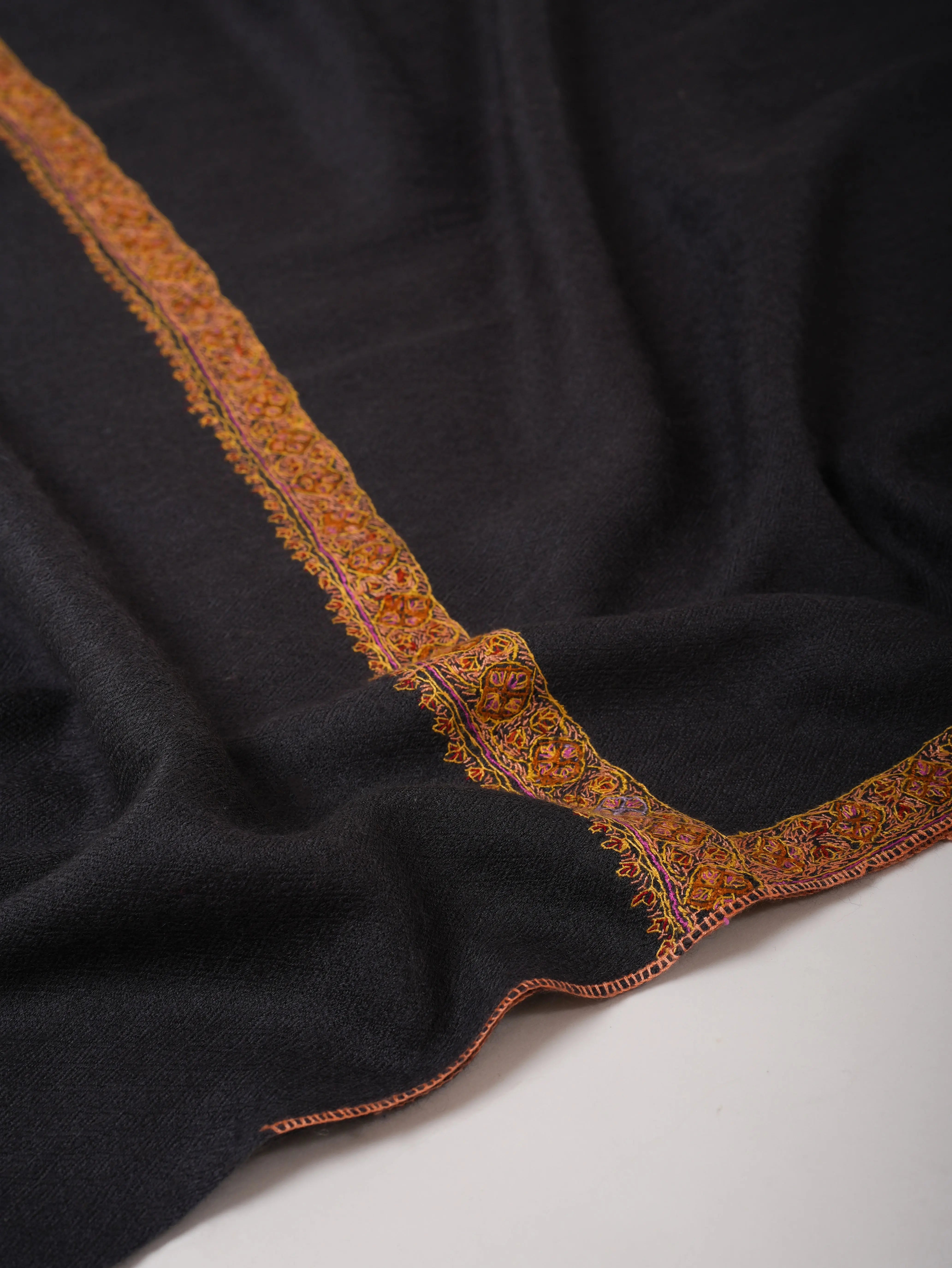 Grey Hand Embroidered Silk Wool Shawl with Hashia Border Shahkaar