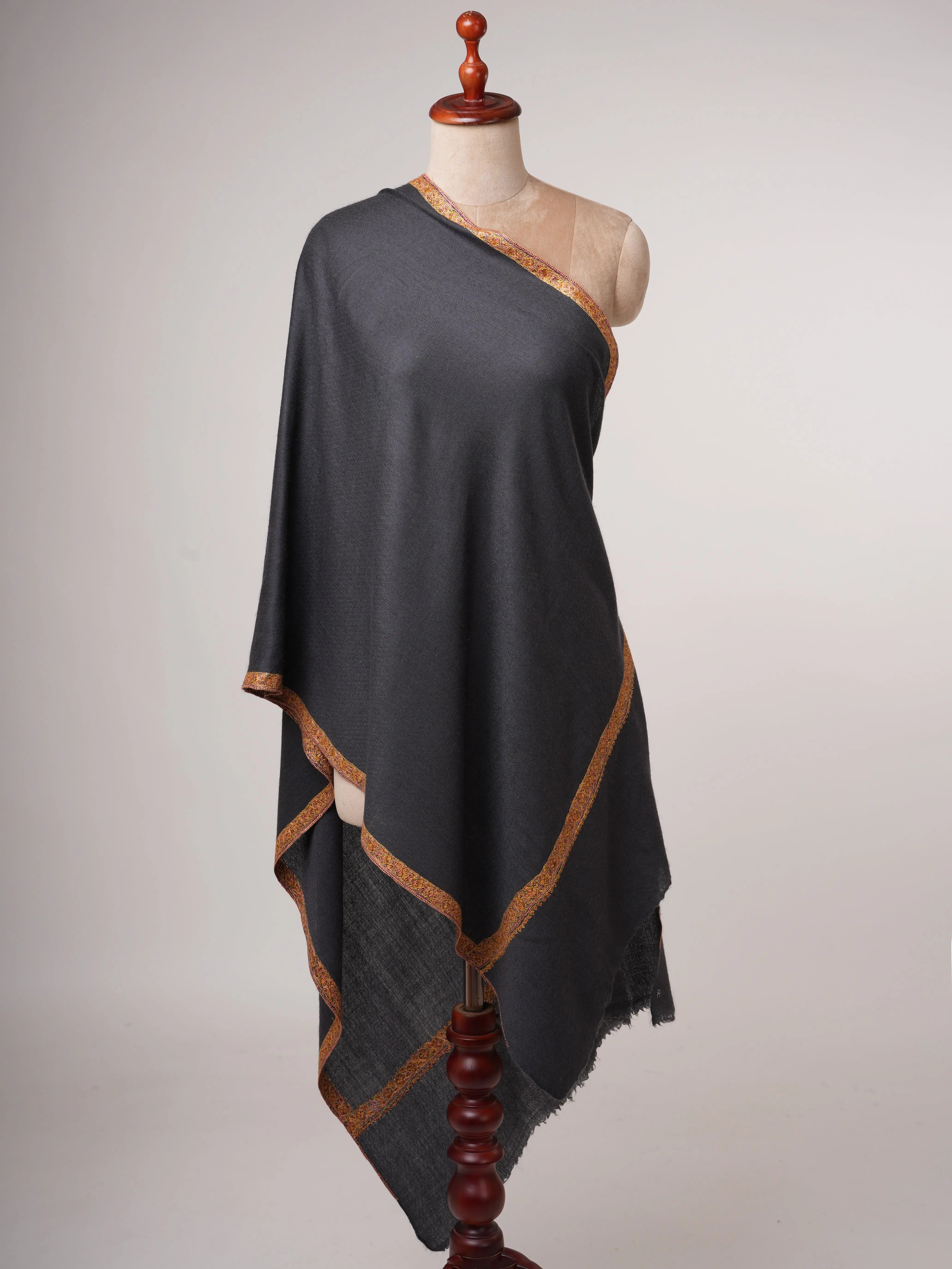 Grey Hand Embroidered Silk Wool Shawl with Hashia Border Shahkaar