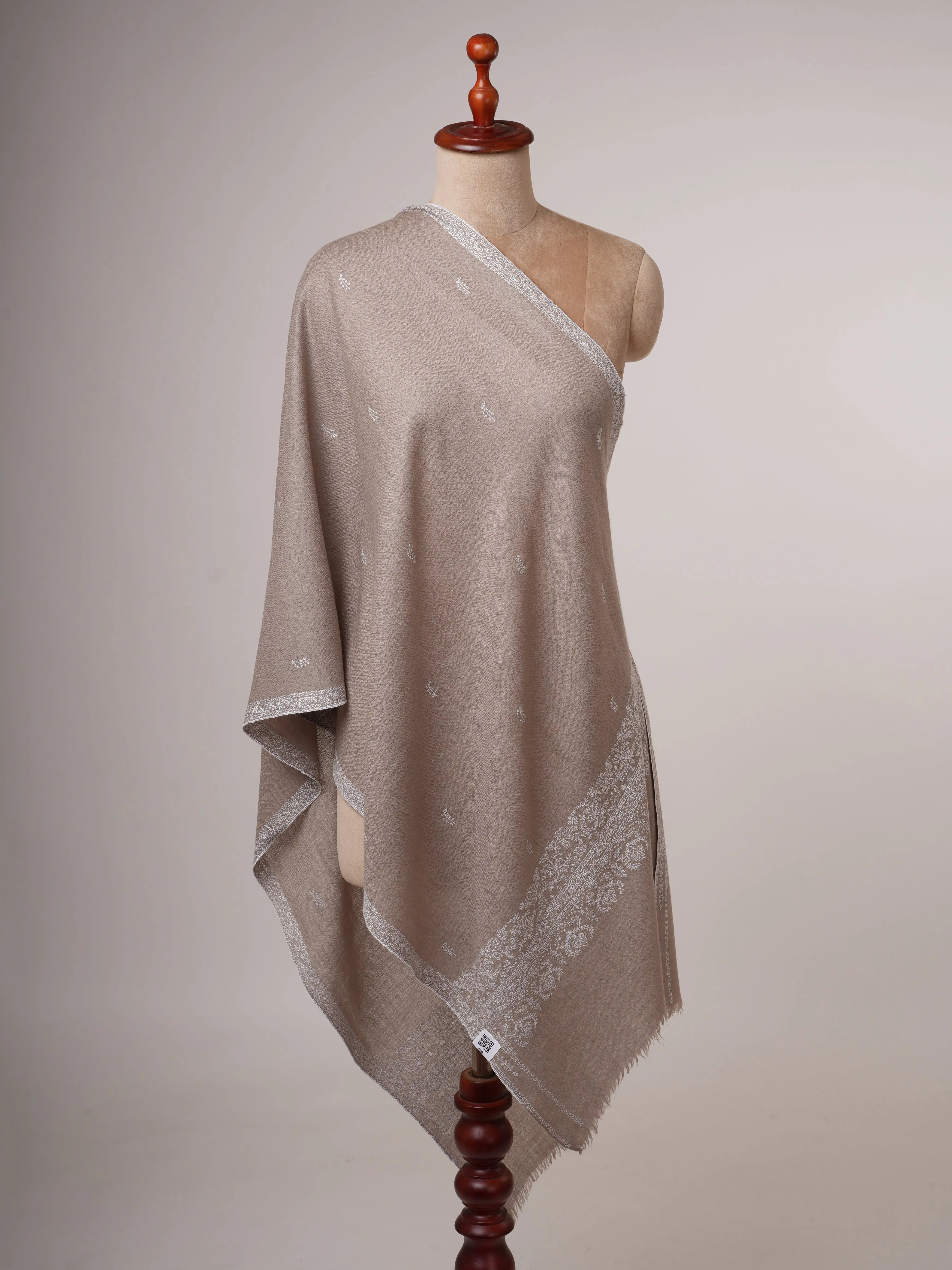 Grey Hand Embroidered Silkwool Scarf with White Threadwork Wrap for All Seasons Shahkaar