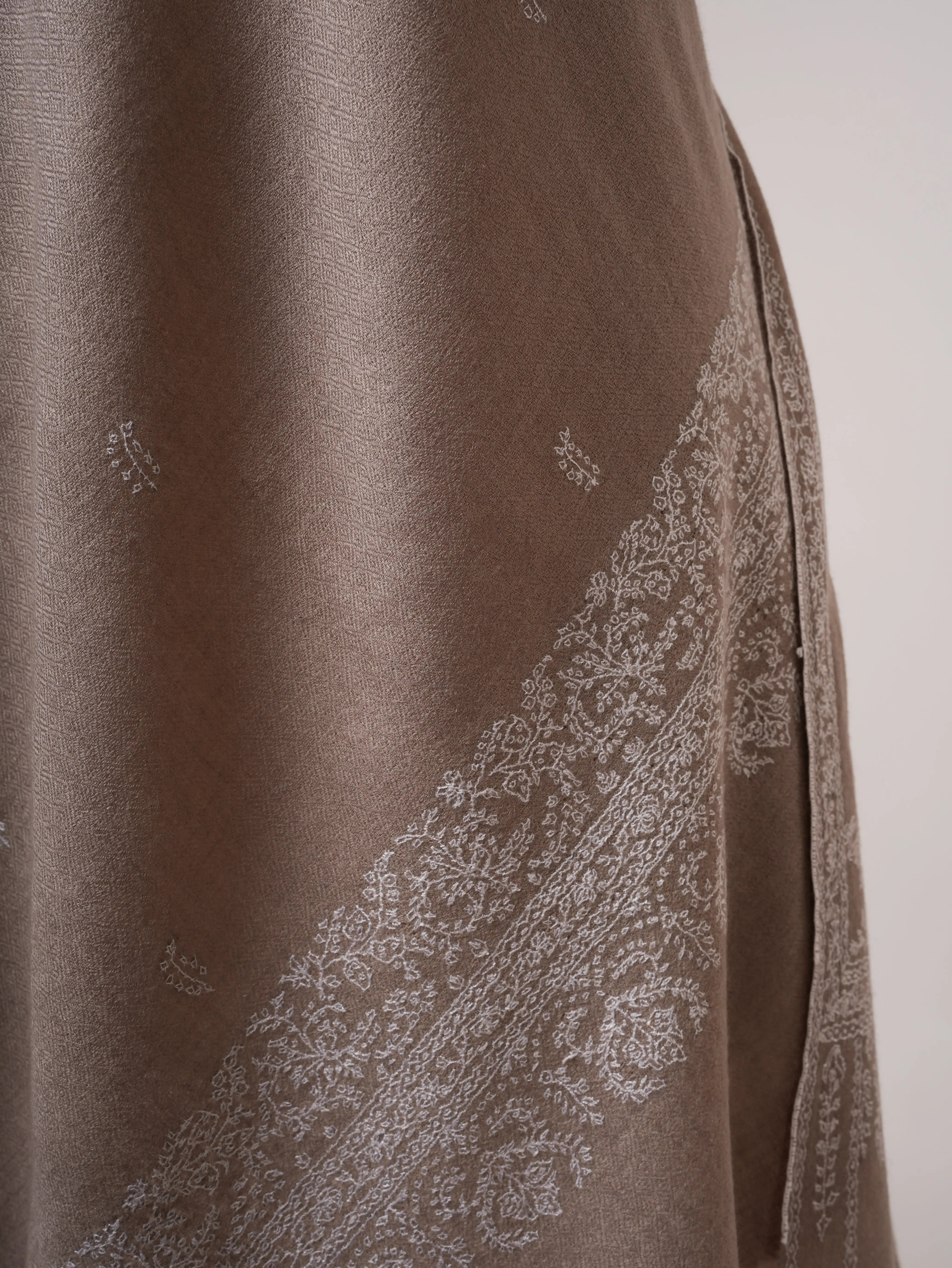 Grey Hand Embroidered Silkwool Scarf with White Threadwork Wrap for All Seasons Shahkaar