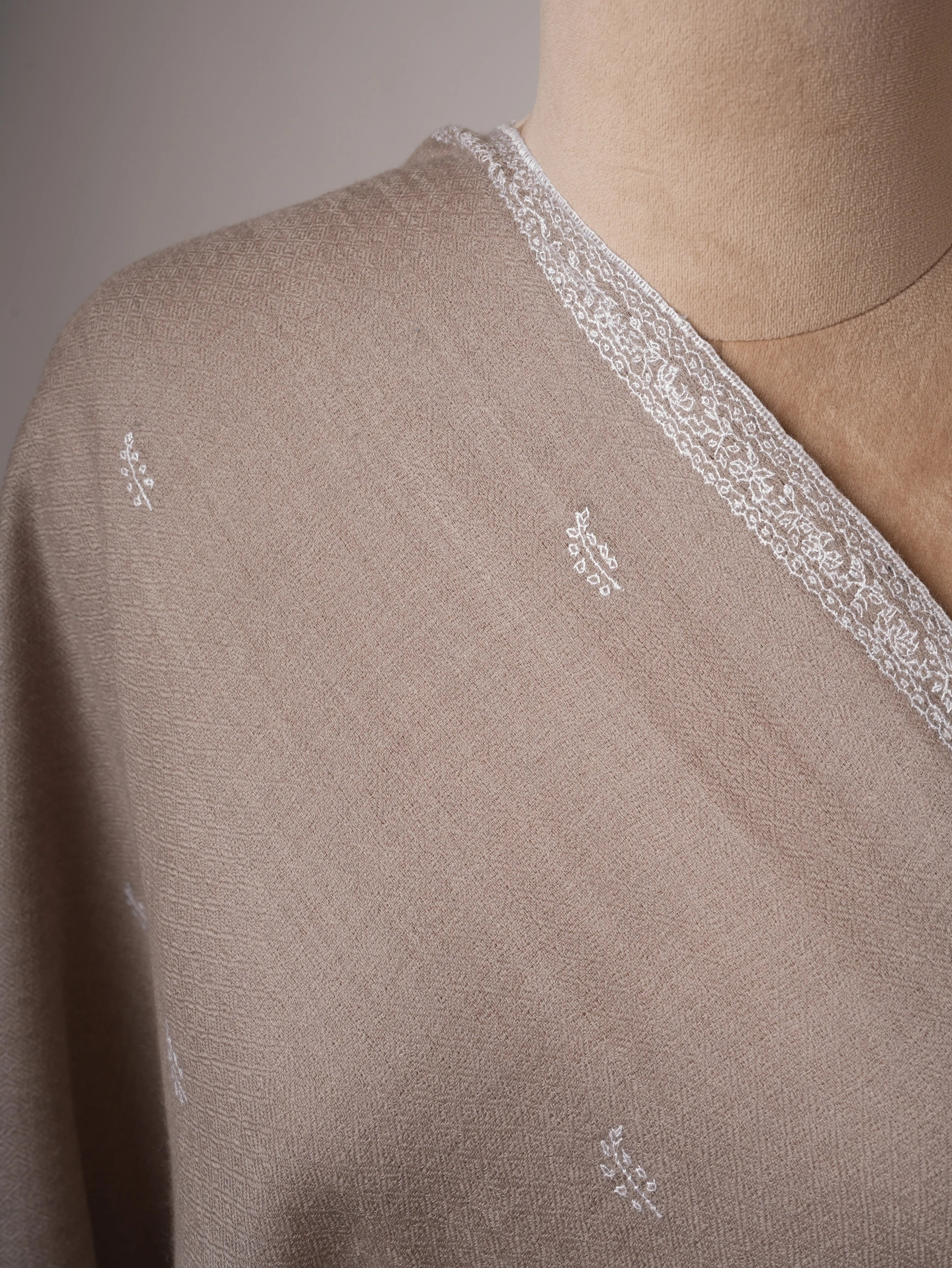 Grey Hand Embroidered Silkwool Scarf with White Threadwork Wrap for All Seasons Shahkaar