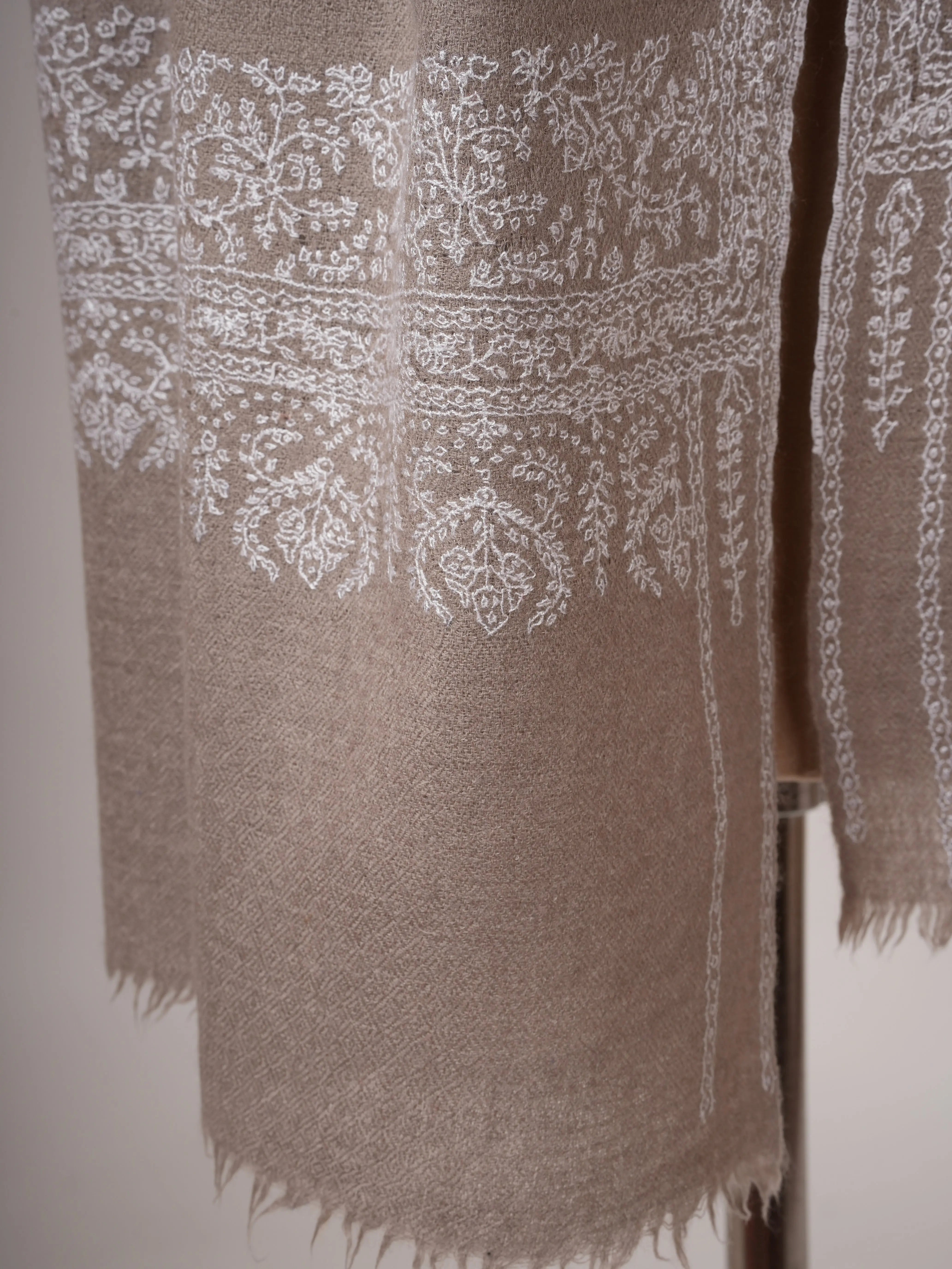 Grey Hand Embroidered Silkwool Scarf with White Threadwork Wrap for All Seasons Shahkaar