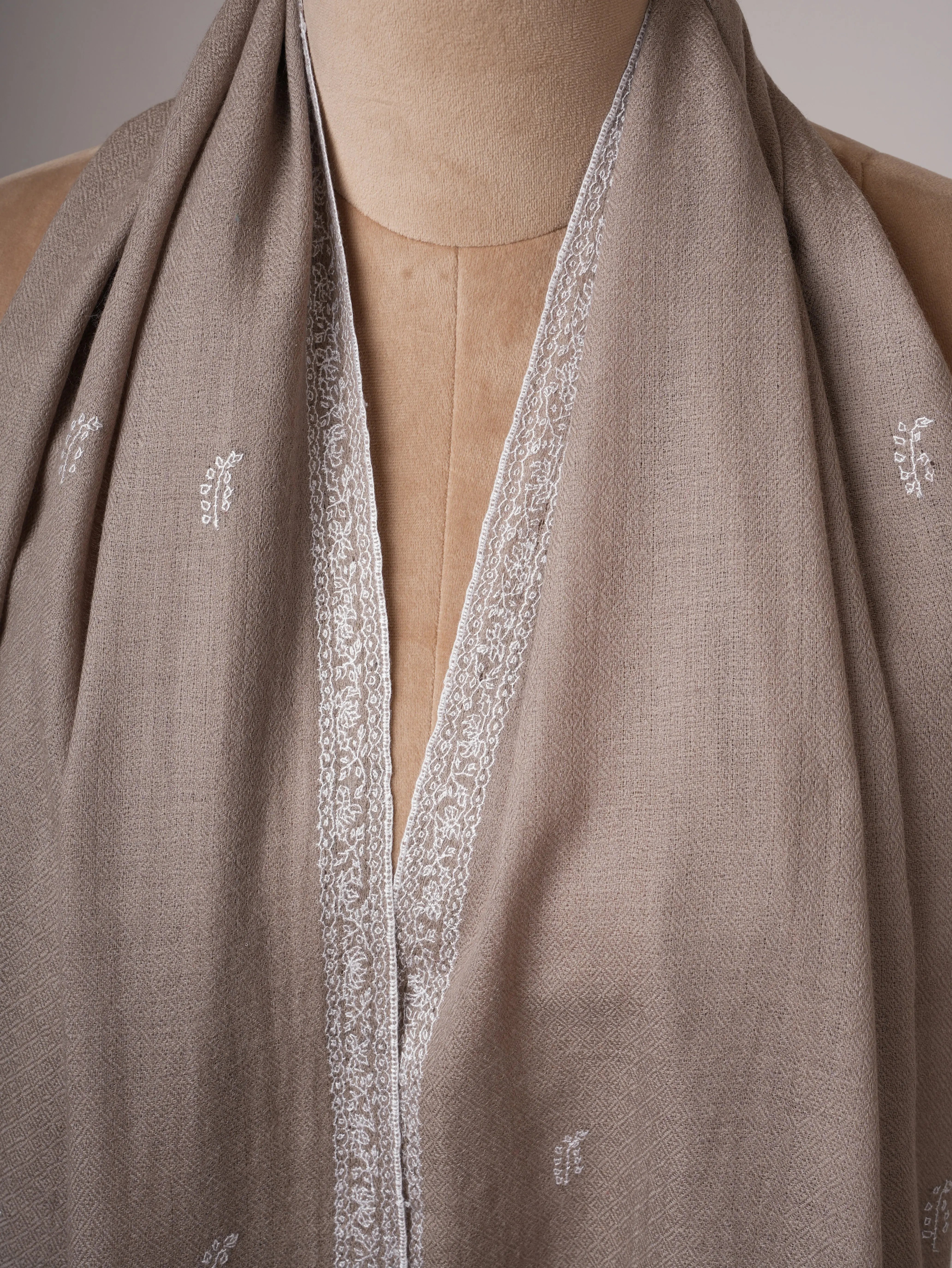 Grey Hand Embroidered Silkwool Scarf with White Threadwork Wrap for All Seasons Shahkaar