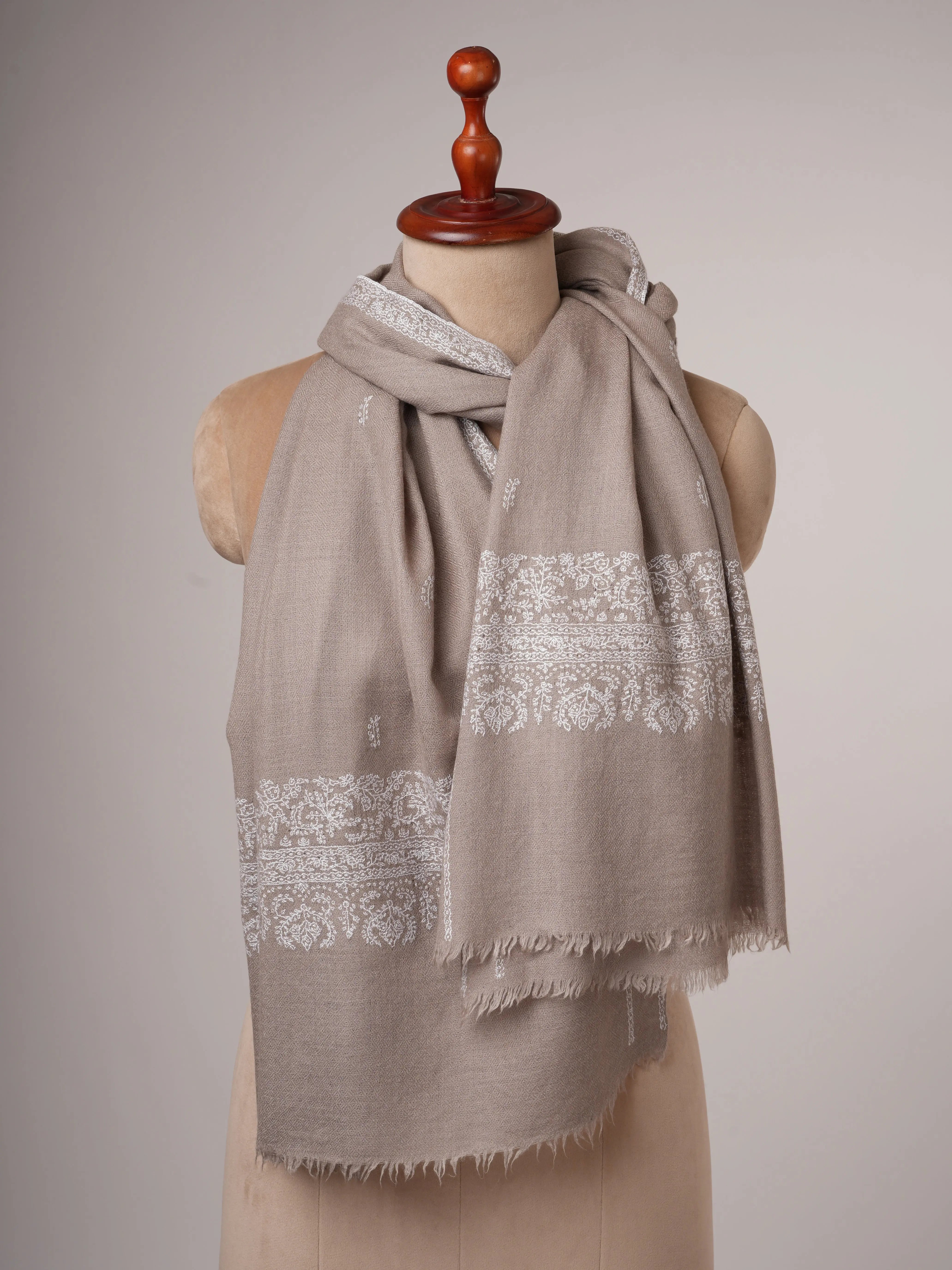 Grey Hand Embroidered Silkwool Scarf with White Threadwork Wrap for All Seasons Shahkaar