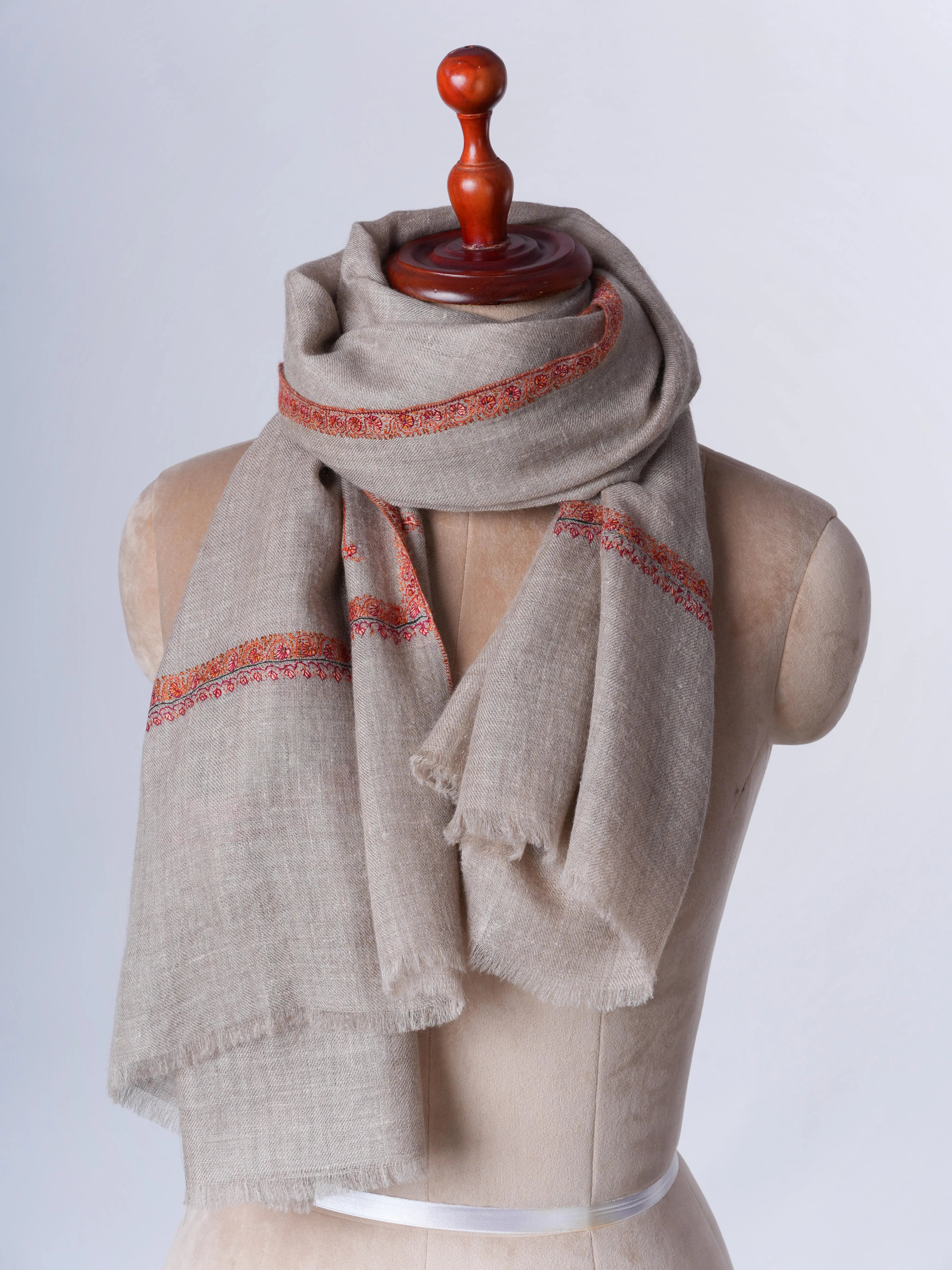 Grey Handloomed Cashmere Scarf with Bail Embroidery – Artisan Made Shahkaar