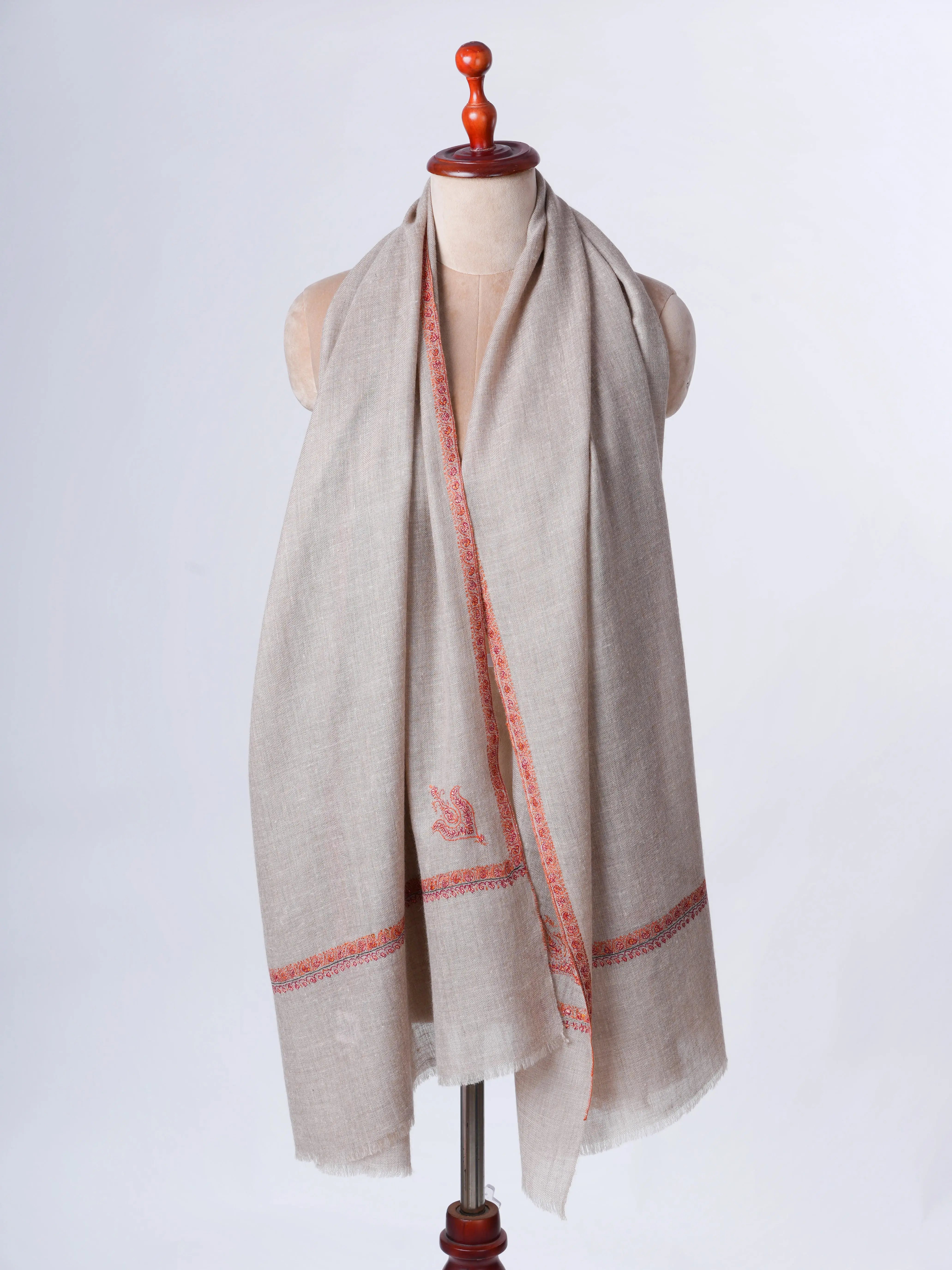 Grey Handloomed Cashmere Scarf with Bail Embroidery – Artisan Made Shahkaar