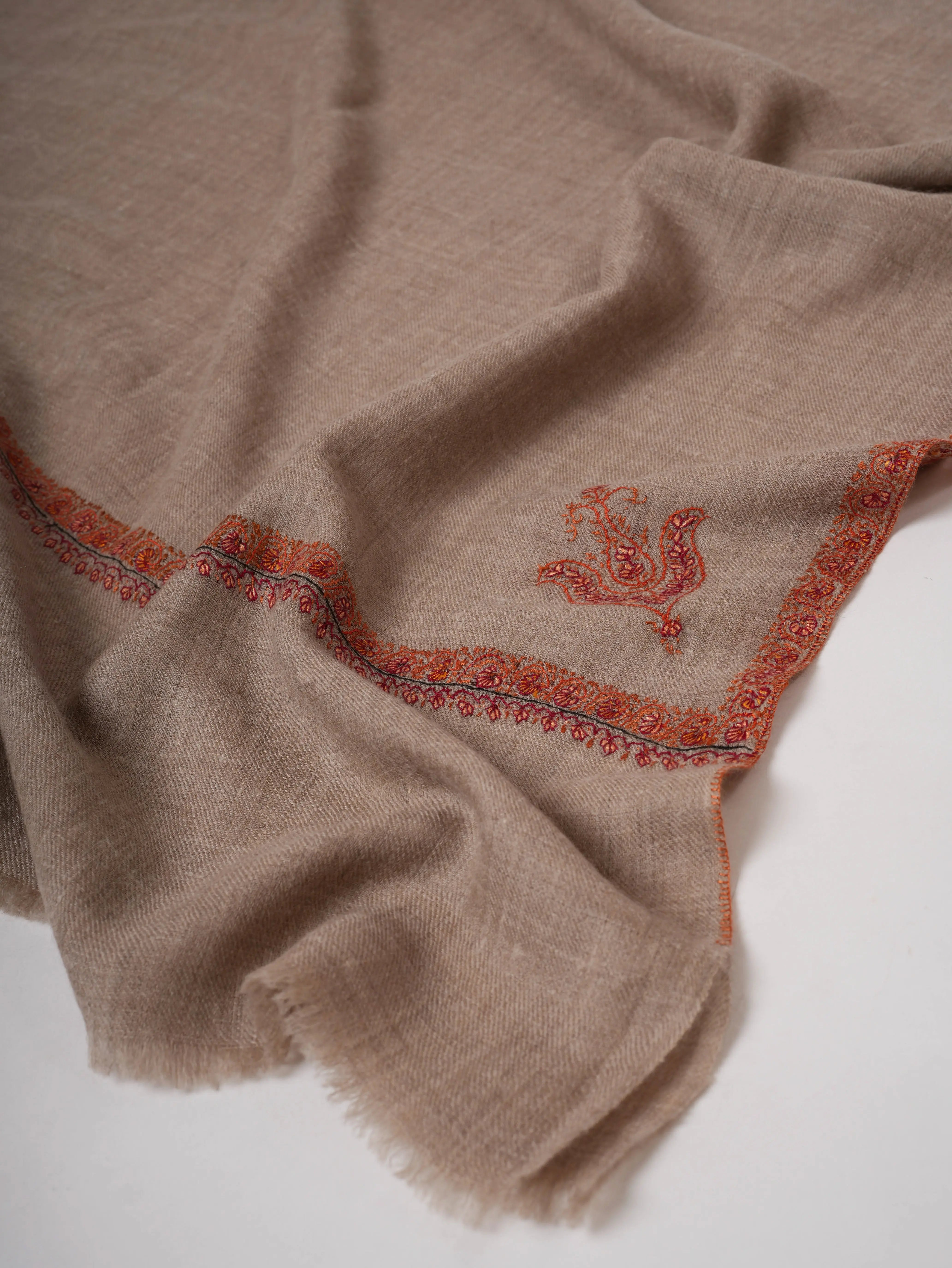 Grey Handloomed Cashmere Scarf with Bail Embroidery – Artisan Made Shahkaar