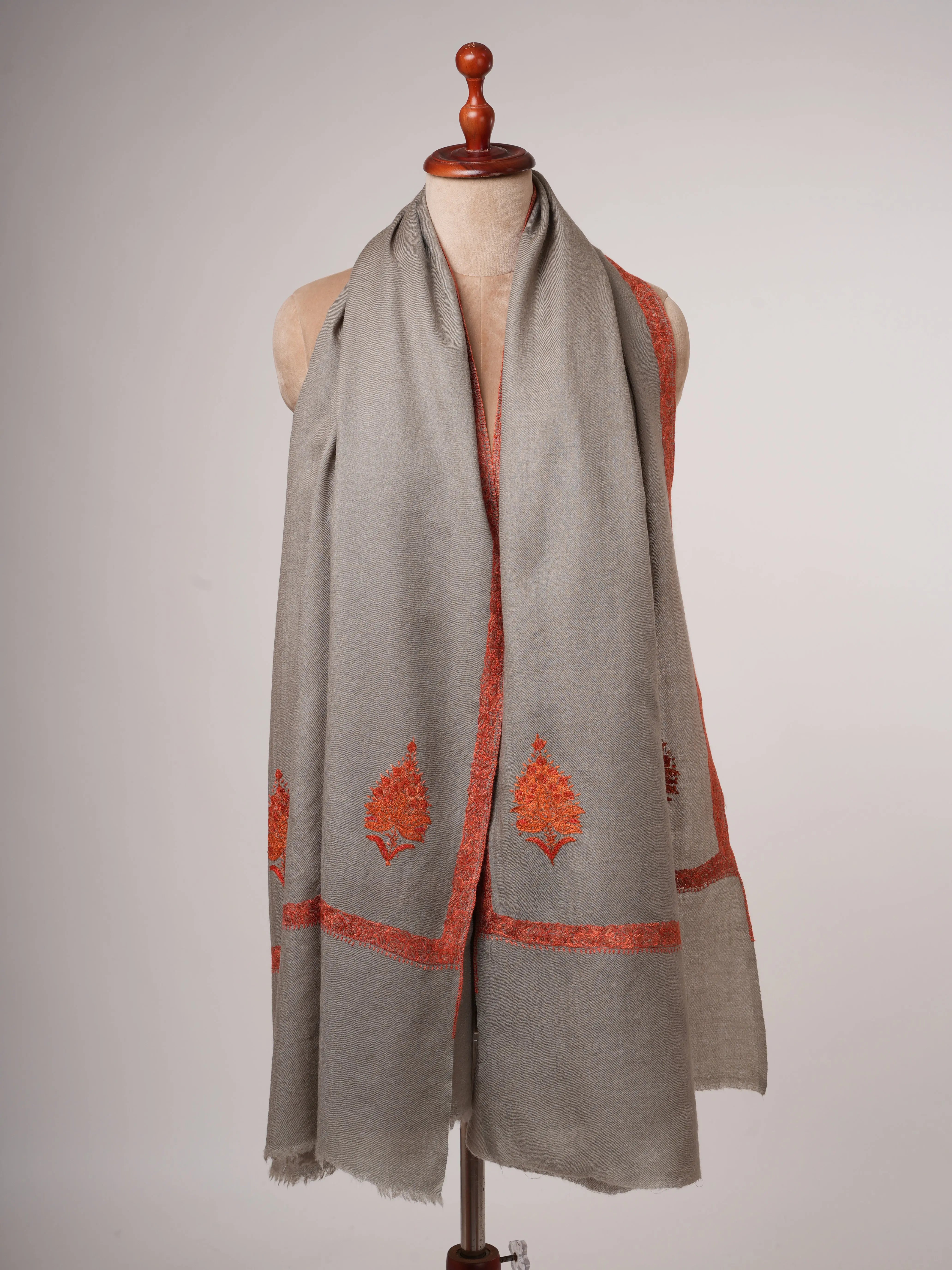 Grey Hashia Hand Embroidered Fine Wool Shawl Shahkaar
