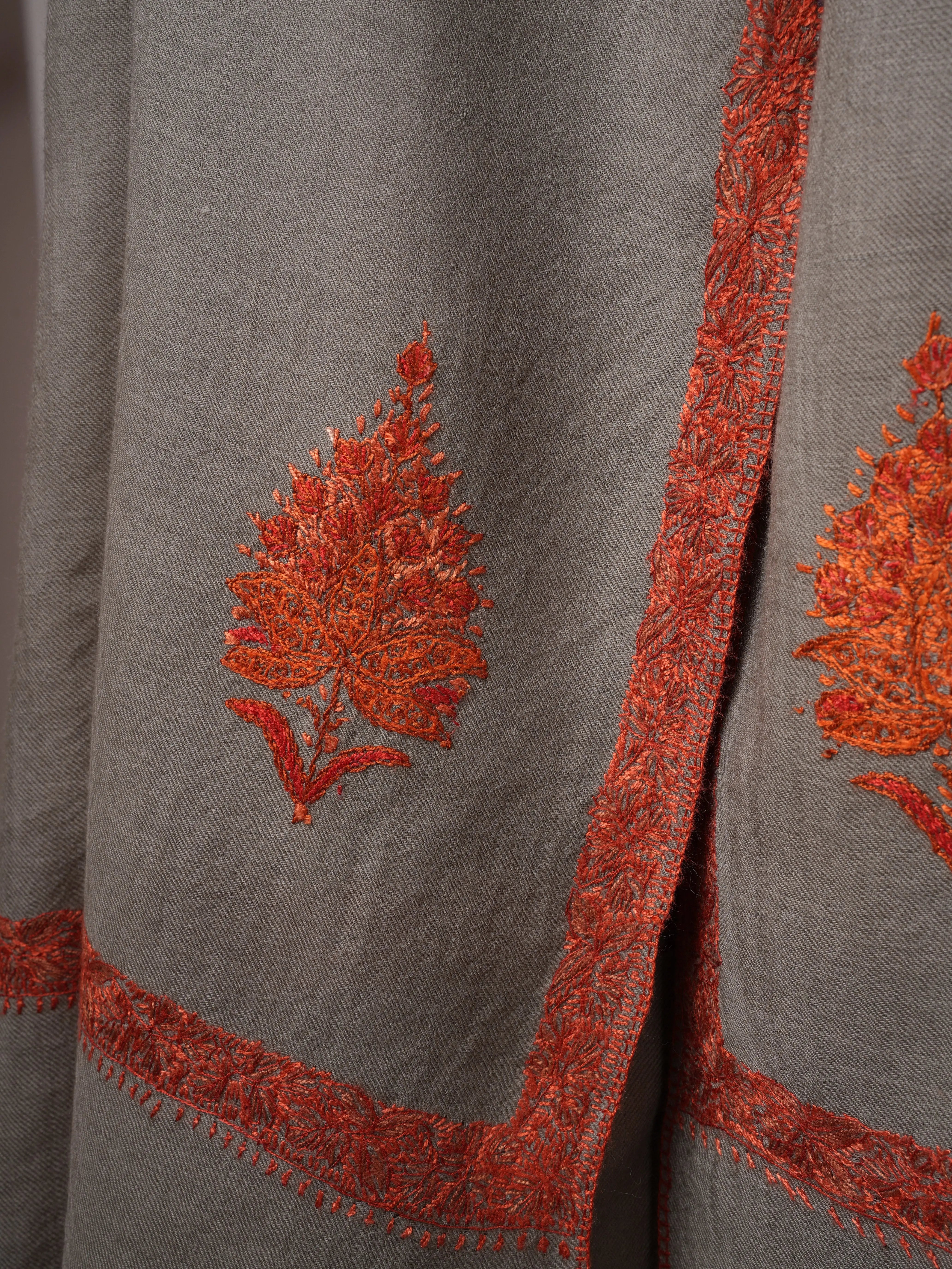Grey Hashia Hand Embroidered Fine Wool Shawl Shahkaar